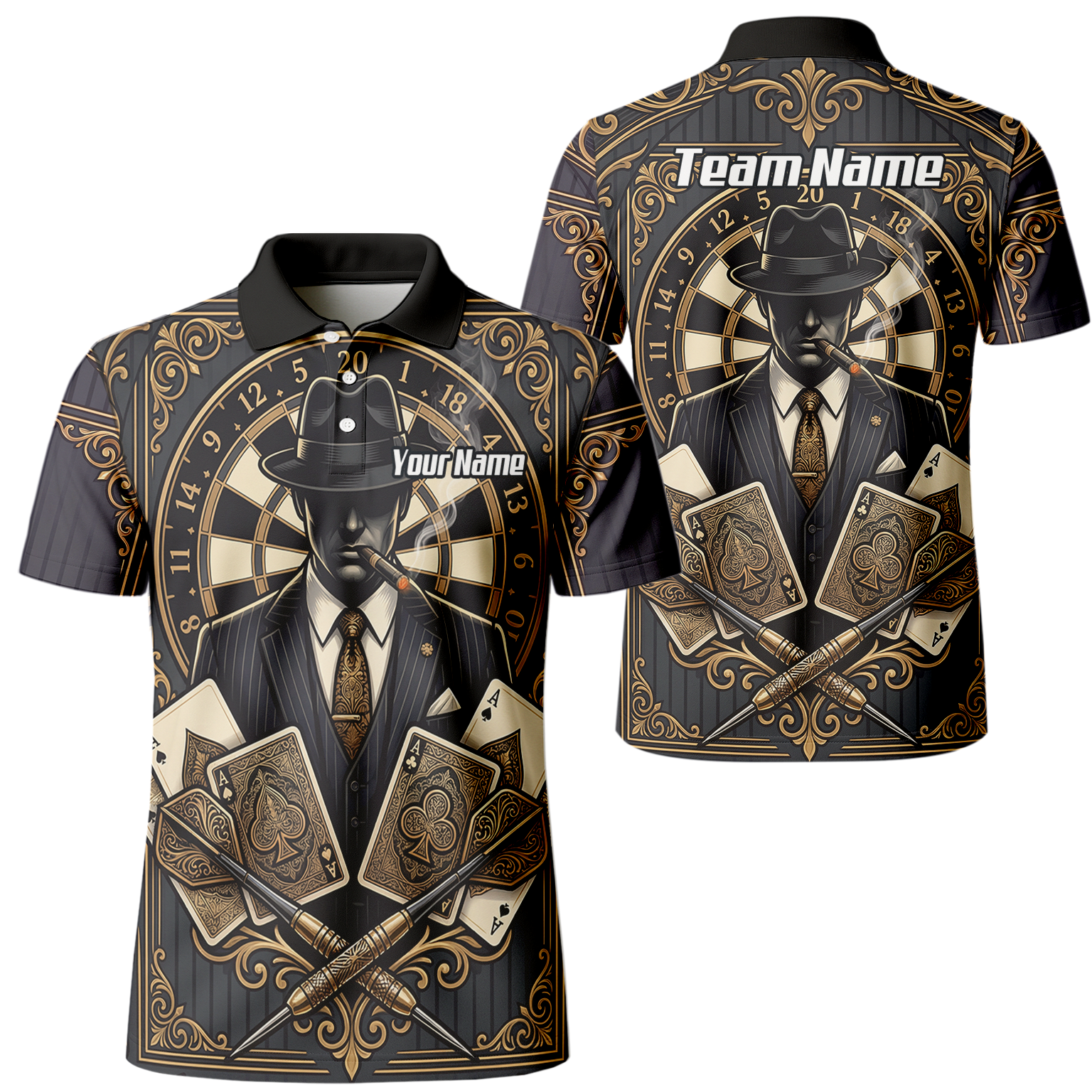 Personalised Gangster Dart Jersey For Men Custom Poker Cards Design Black Gold Dart Shirt Polo A7182