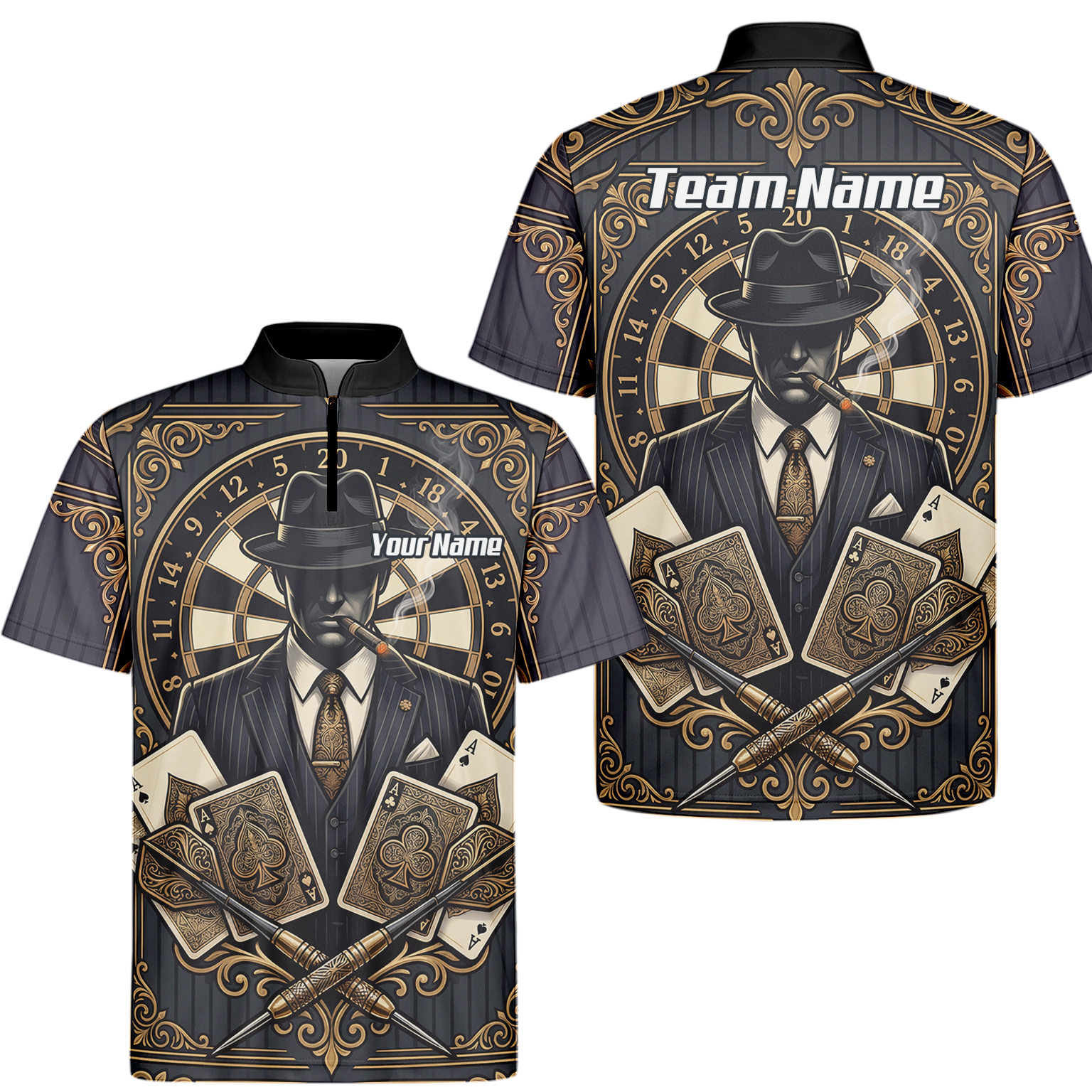 Personalised Gangster Dart Jersey For Men Custom Poker Cards Design Black Gold Dart Shirt Polo A7182