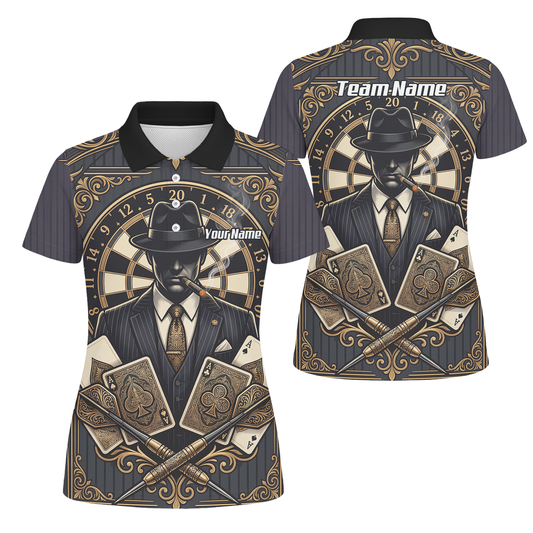 Personalised Gangster Dart Jersey For Women Custom Poker Cards Design Black Gold Dart Shirt Polo A7182