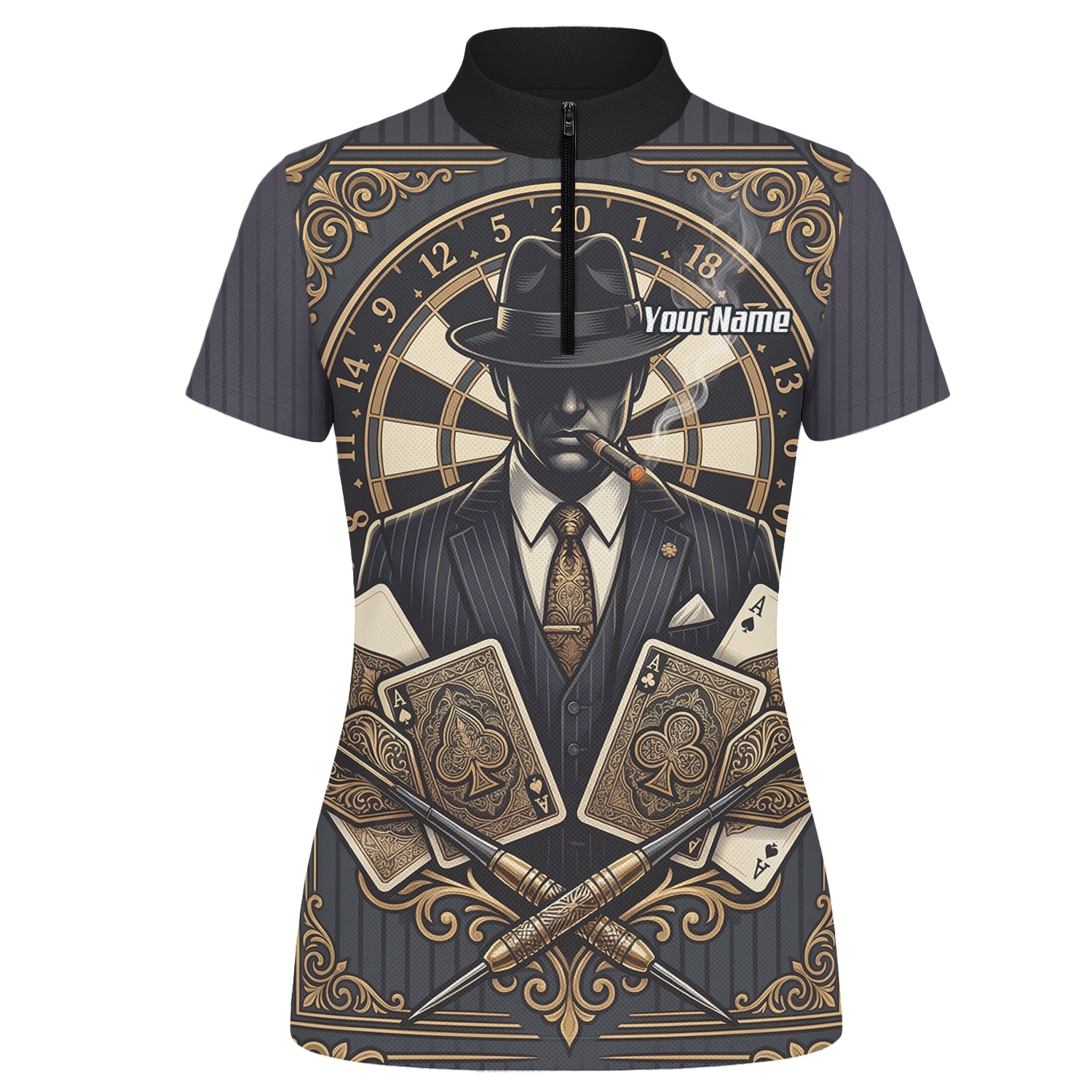 Personalised Gangster Dart Jersey For Women Custom Poker Cards Design Black Gold Dart Shirt Polo A7182