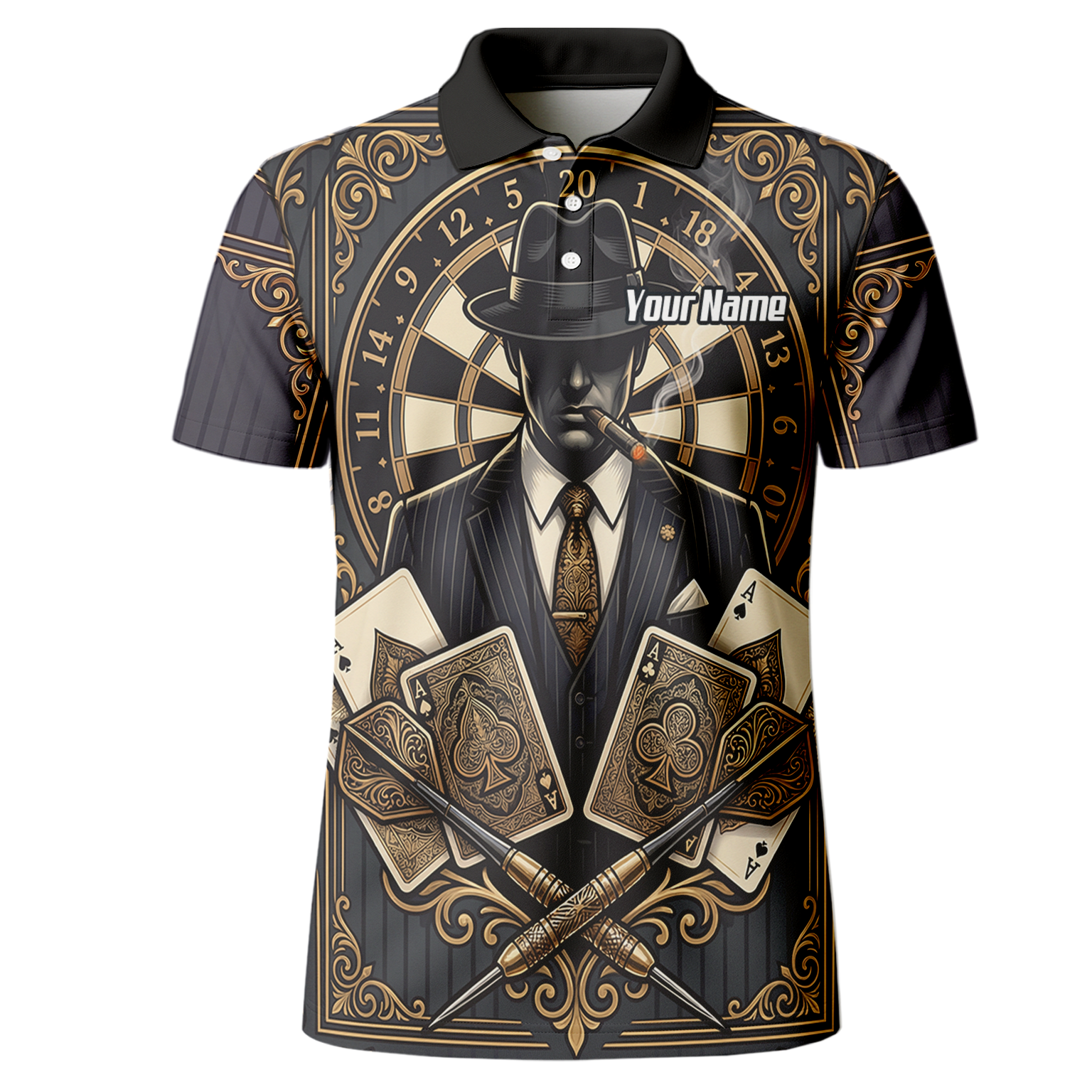 Personalised Gangster Dart Jersey For Men Custom Poker Cards Design Black Gold Dart Shirt Polo A7182
