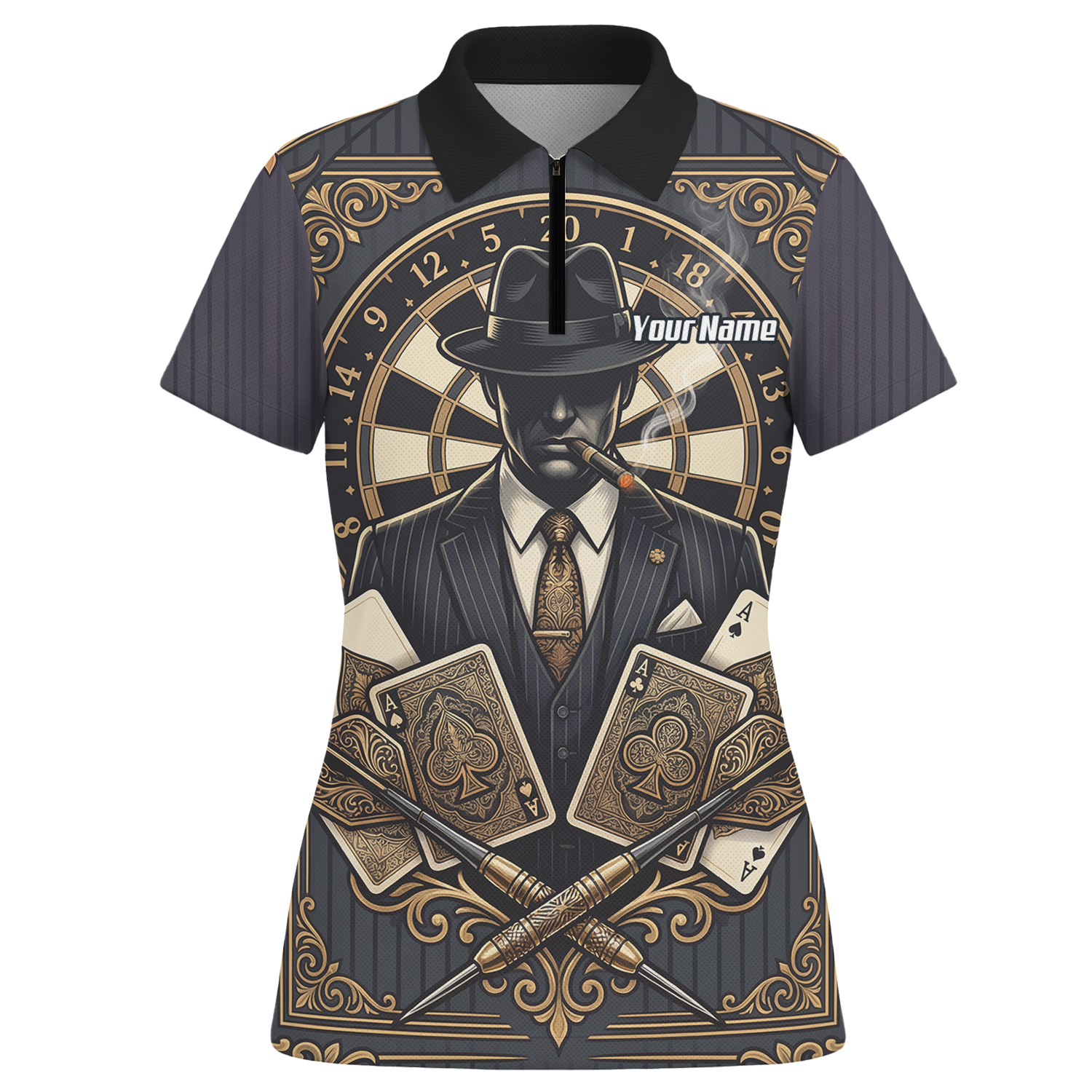 Personalised Gangster Dart Jersey For Women Custom Poker Cards Design Black Gold Dart Shirt Polo A7182