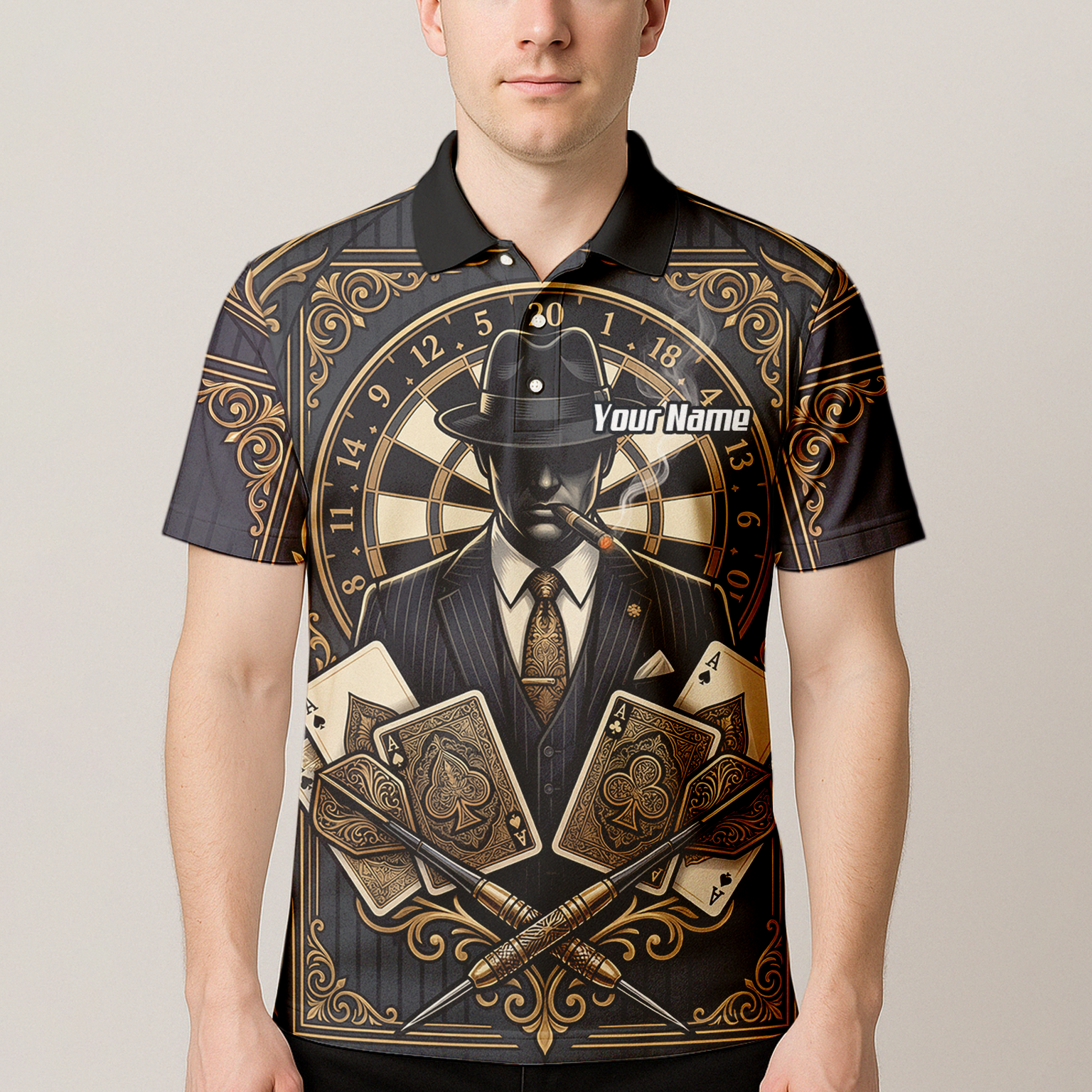 Personalised Gangster Dart Jersey For Men Custom Poker Cards Design Black Gold Dart Shirt Polo A7182