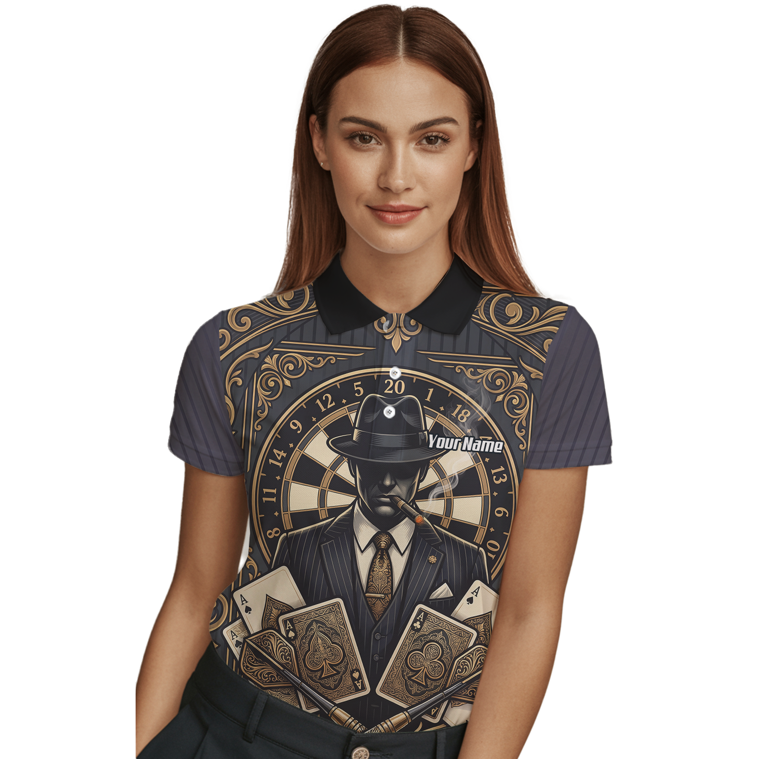Personalised Gangster Dart Jersey For Women Custom Poker Cards Design Black Gold Dart Shirt Polo A7182