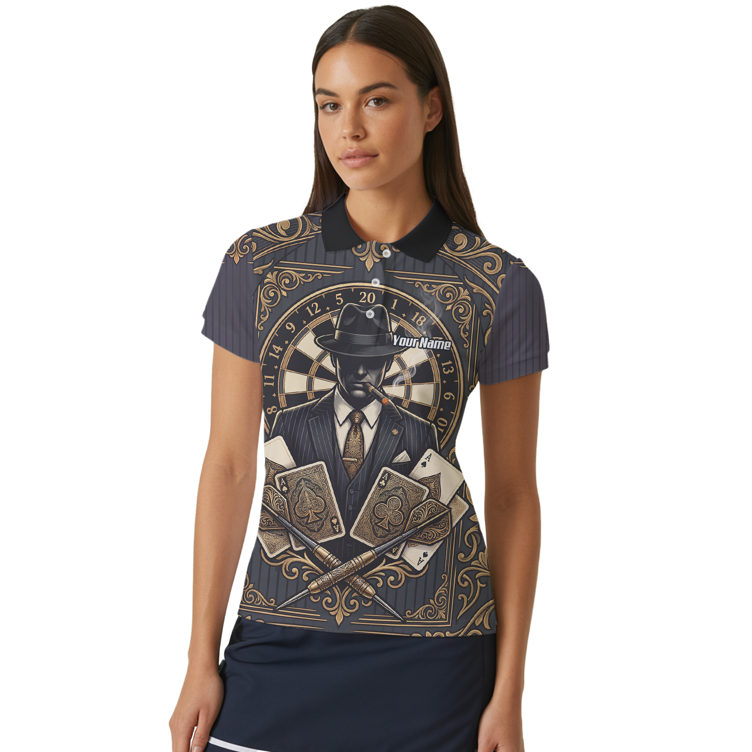 Personalised Gangster Dart Jersey For Women Custom Poker Cards Design Black Gold Dart Shirt Polo A7182