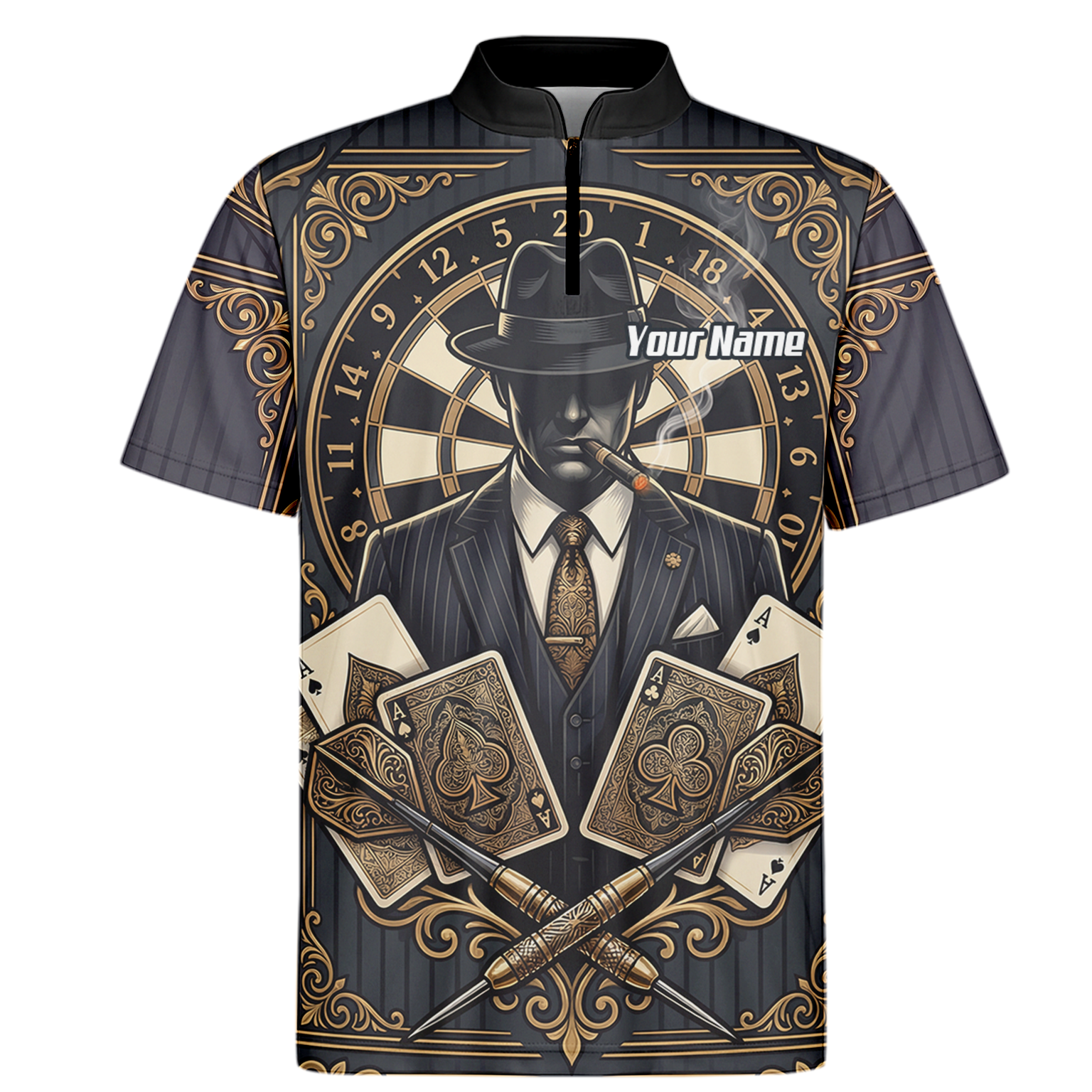 Personalised Gangster Dart Jersey For Men Custom Poker Cards Design Black Gold Dart Shirt Polo A7182
