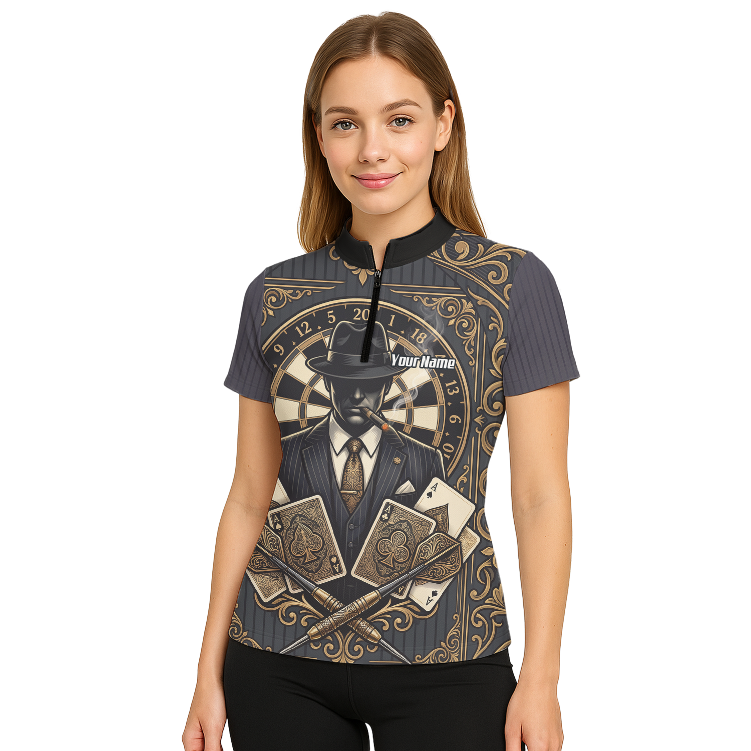 Personalised Gangster Dart Jersey For Women Custom Poker Cards Design Black Gold Dart Shirt Polo A7182