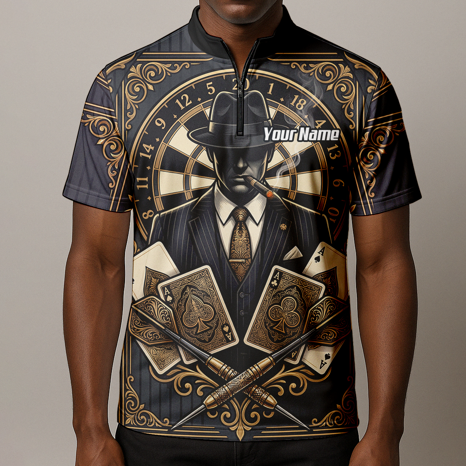 Personalised Gangster Dart Jersey For Men Custom Poker Cards Design Black Gold Dart Shirt Polo A7182
