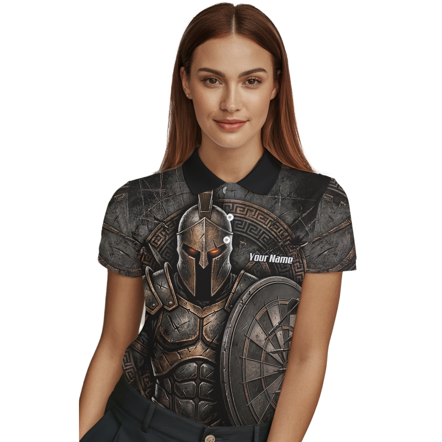 Personalised Spartan Warrior Dart Jersey for Women Custom Bronze Gladiator Design Polo Shirt Black A8783