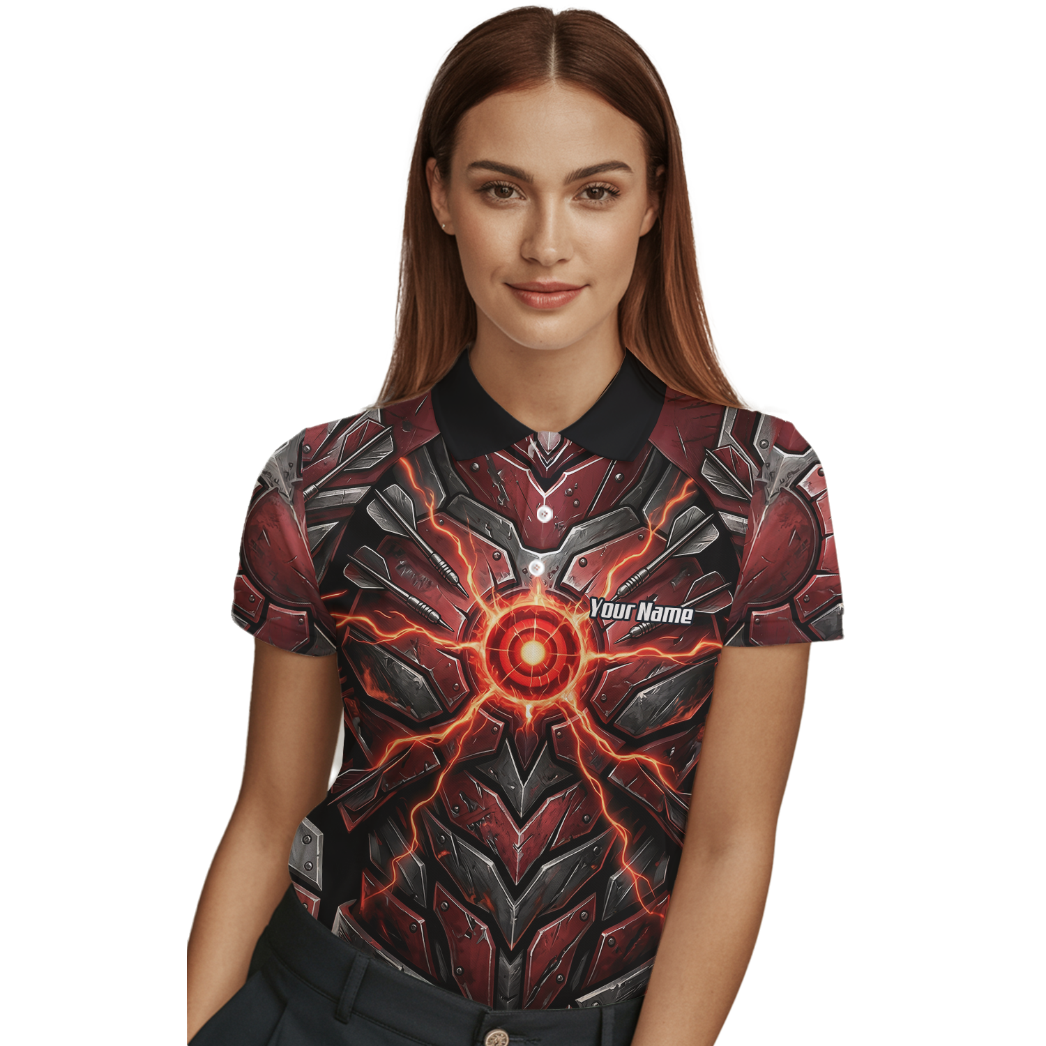 Personalised Red Black Mechanical Armor Dart Jersey For Women Custom Sublimated Polo Shirt A9366