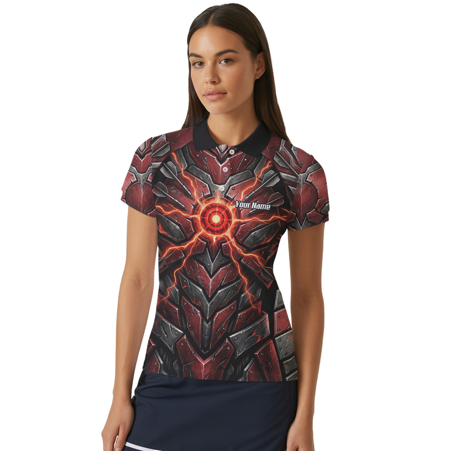 Personalised Red Black Mechanical Armor Dart Jersey For Women Custom Sublimated Polo Shirt A9366
