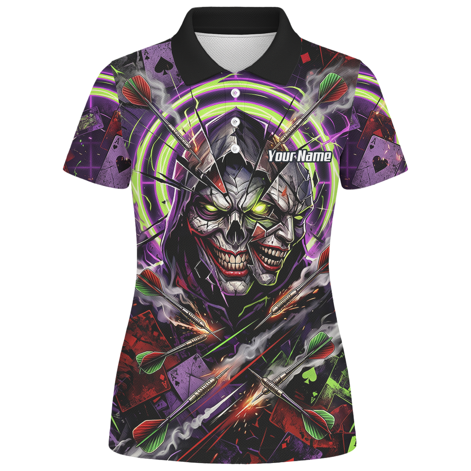 Personalised Women's Dart Jersey Custom Evil Joker Skull Dart Shirt Purple Neon Green Polo B1668