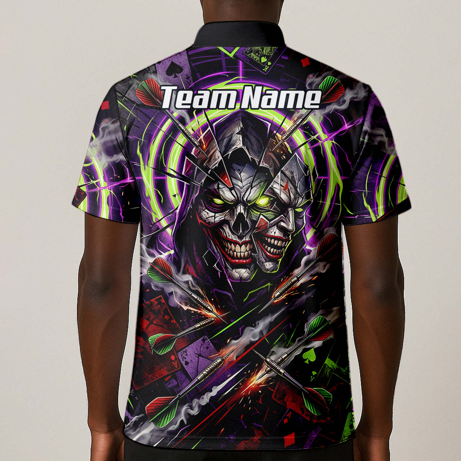 Personalised Men's Dart Jersey Custom Evil Joker Skull Dart Shirt Purple Neon Green Polo B1668