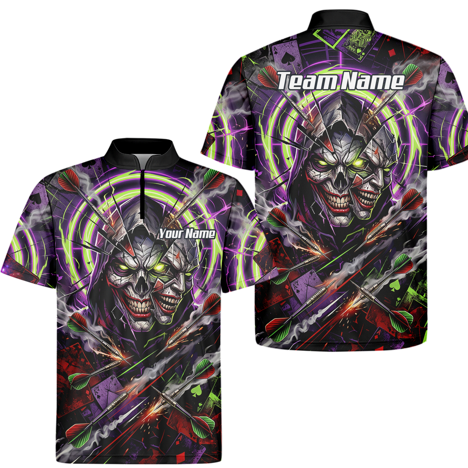 Personalised Men's Dart Jersey Custom Evil Joker Skull Dart Shirt Purple Neon Green Polo B1668