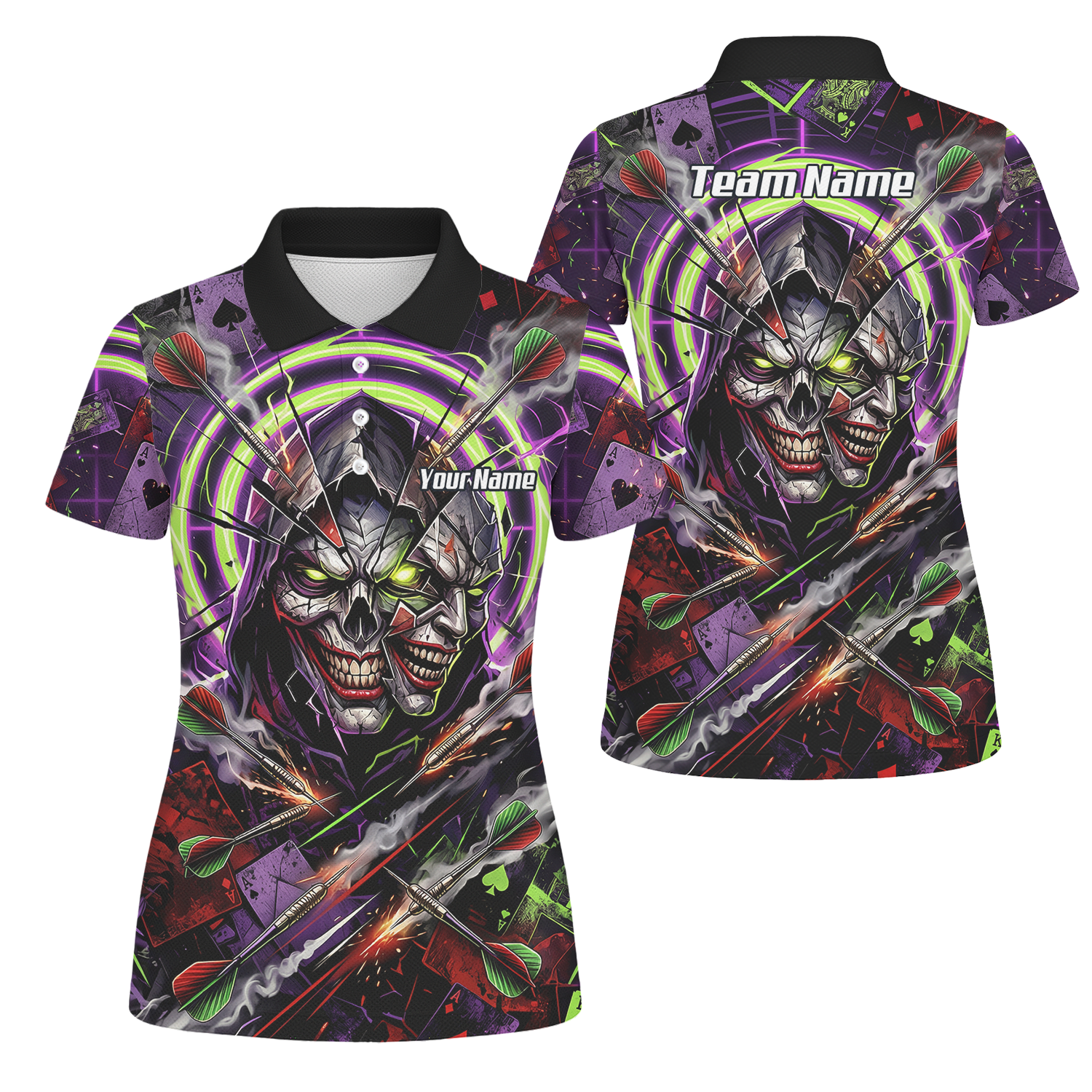 Personalised Women's Dart Jersey Custom Evil Joker Skull Dart Shirt Purple Neon Green Polo B1668