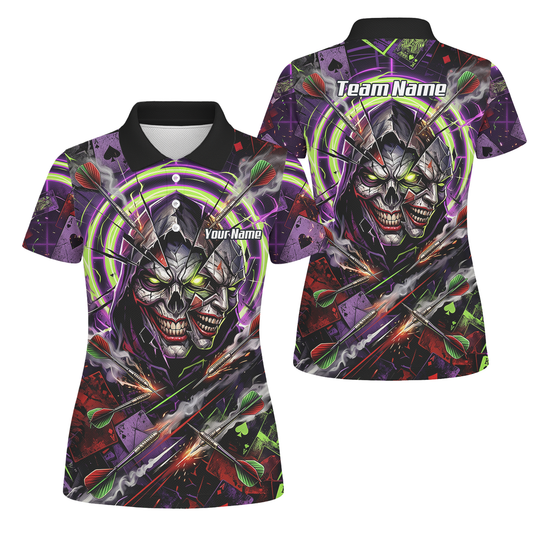 Personalised Women's Dart Jersey Custom Evil Joker Skull Dart Shirt Purple Neon Green Polo B1668
