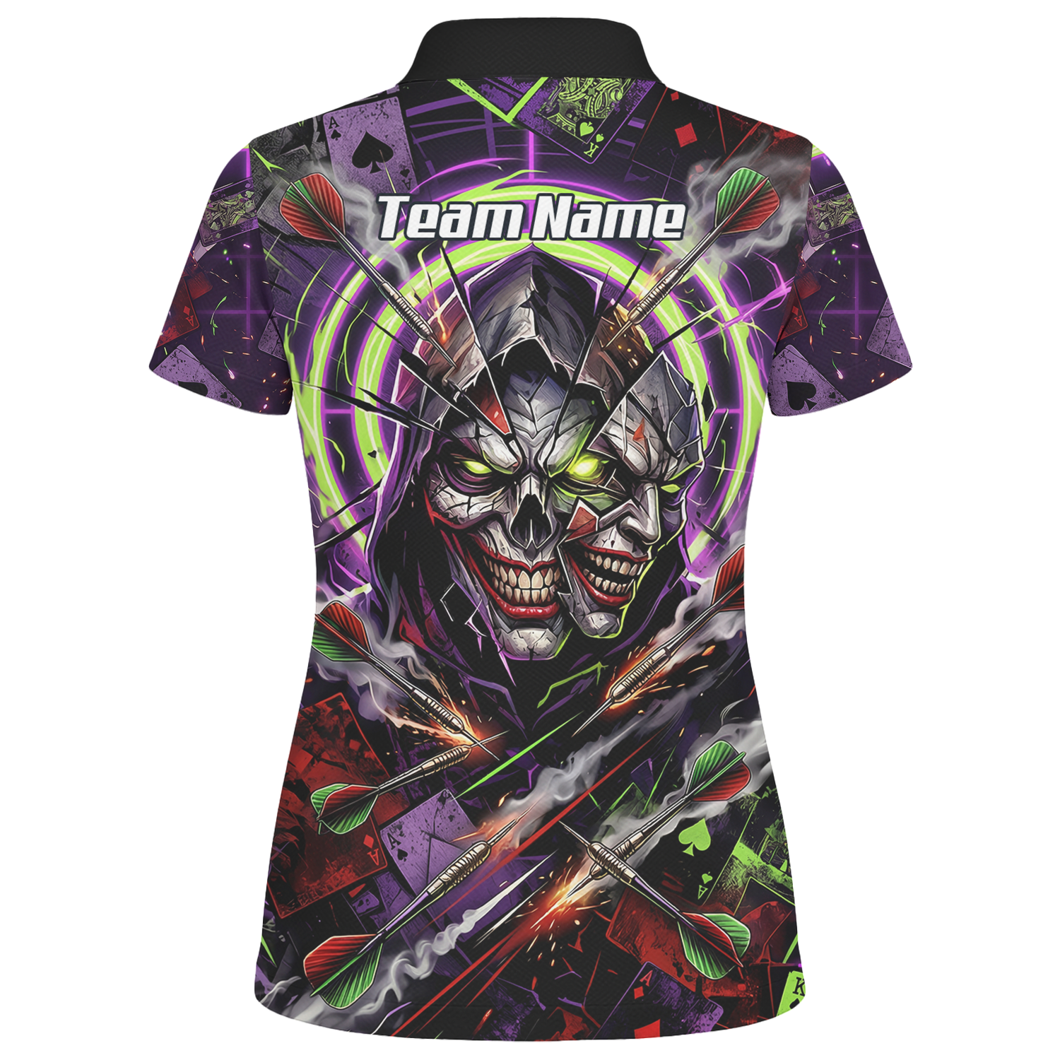 Personalised Women's Dart Jersey Custom Evil Joker Skull Dart Shirt Purple Neon Green Polo B1668