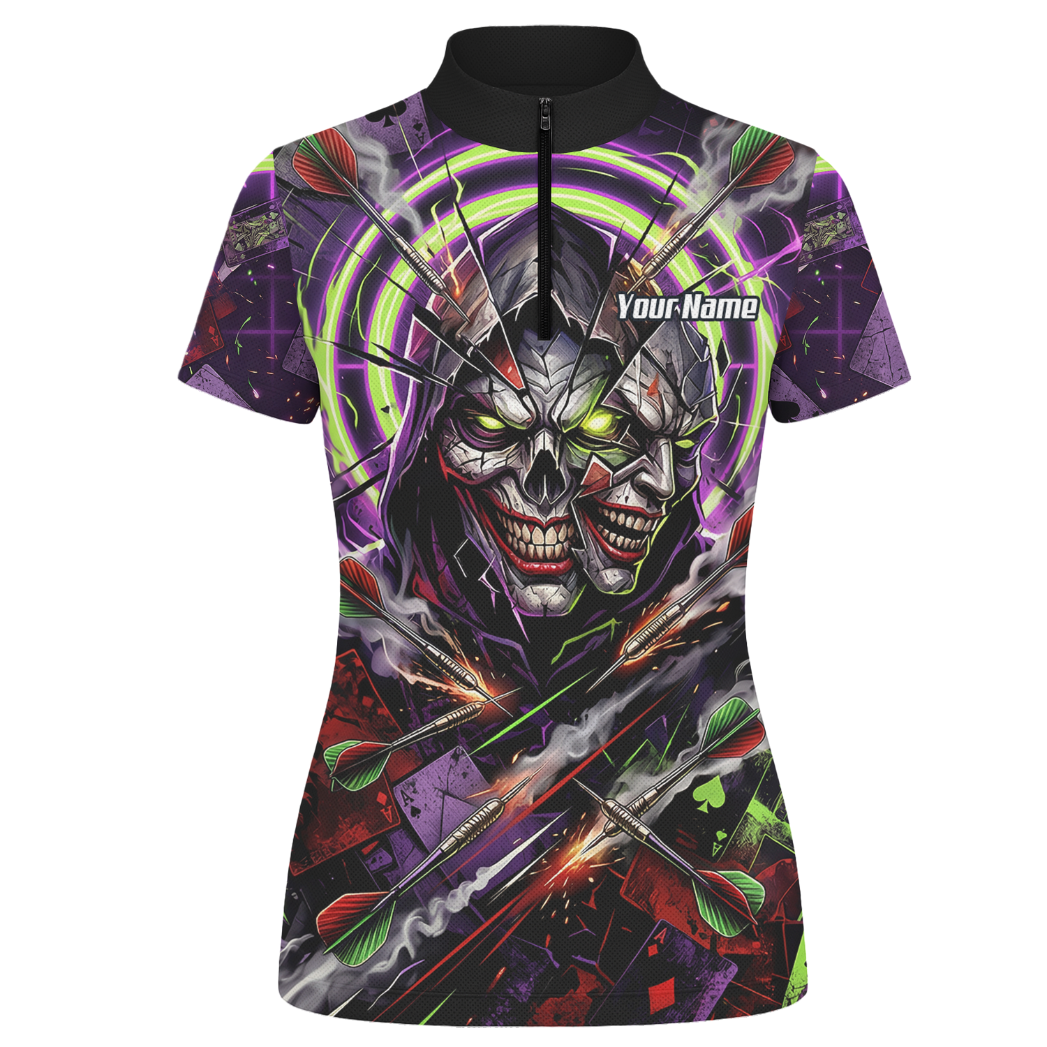 Personalised Women's Dart Jersey Custom Evil Joker Skull Dart Shirt Purple Neon Green Polo B1668