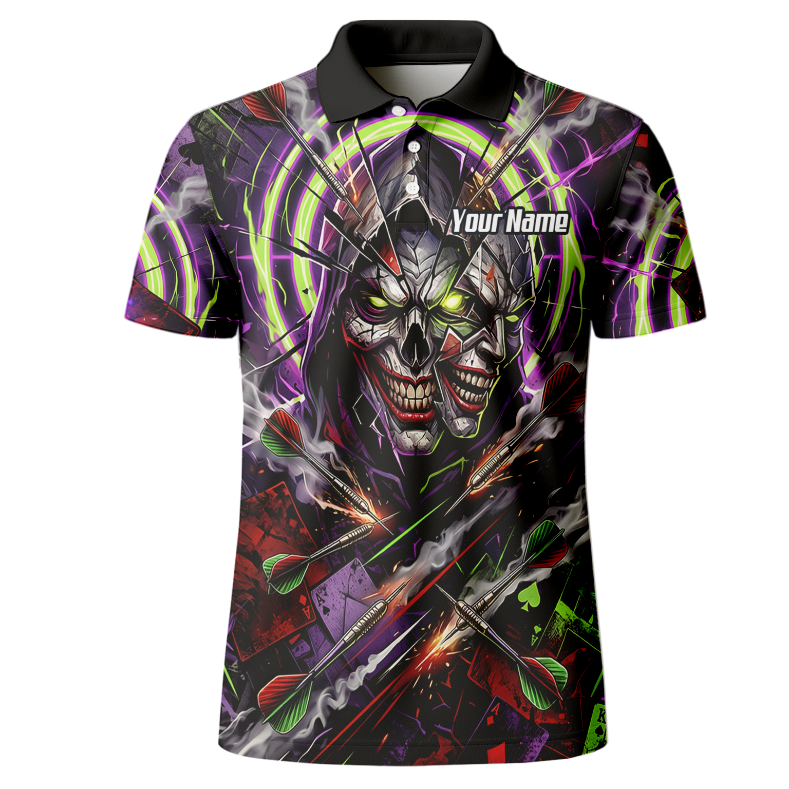 Personalised Men's Dart Jersey Custom Evil Joker Skull Dart Shirt Purple Neon Green Polo B1668