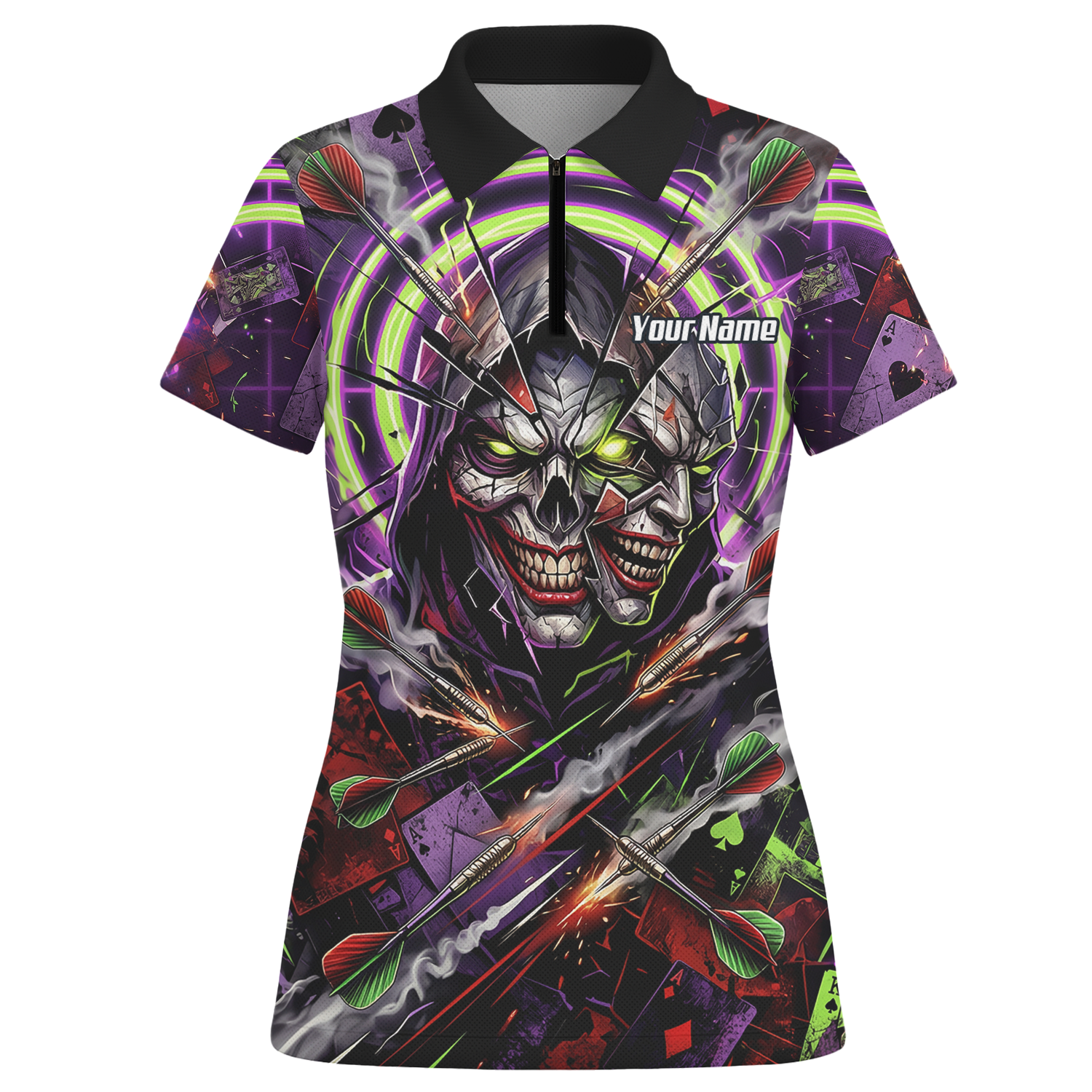 Personalised Women's Dart Jersey Custom Evil Joker Skull Dart Shirt Purple Neon Green Polo B1668
