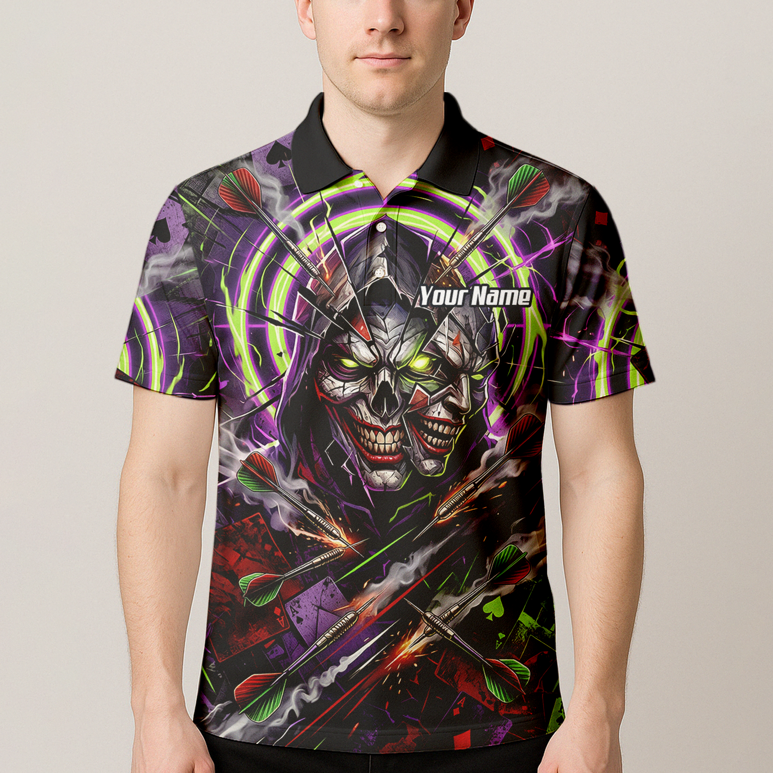 Personalised Men's Dart Jersey Custom Evil Joker Skull Dart Shirt Purple Neon Green Polo B1668