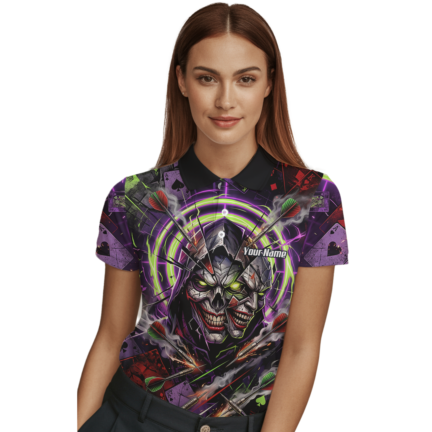 Personalised Women's Dart Jersey Custom Evil Joker Skull Dart Shirt Purple Neon Green Polo B1668