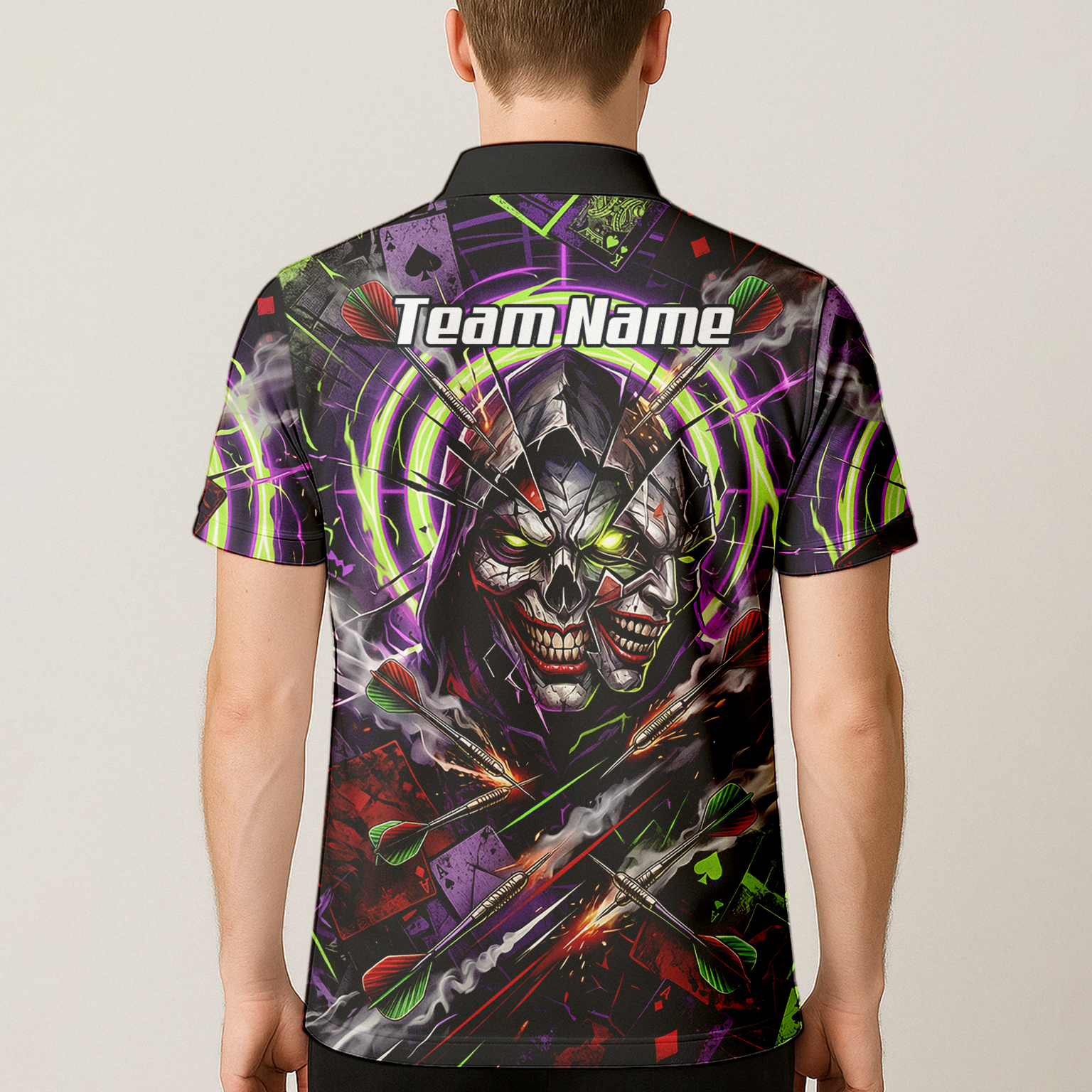 Personalised Men's Dart Jersey Custom Evil Joker Skull Dart Shirt Purple Neon Green Polo B1668