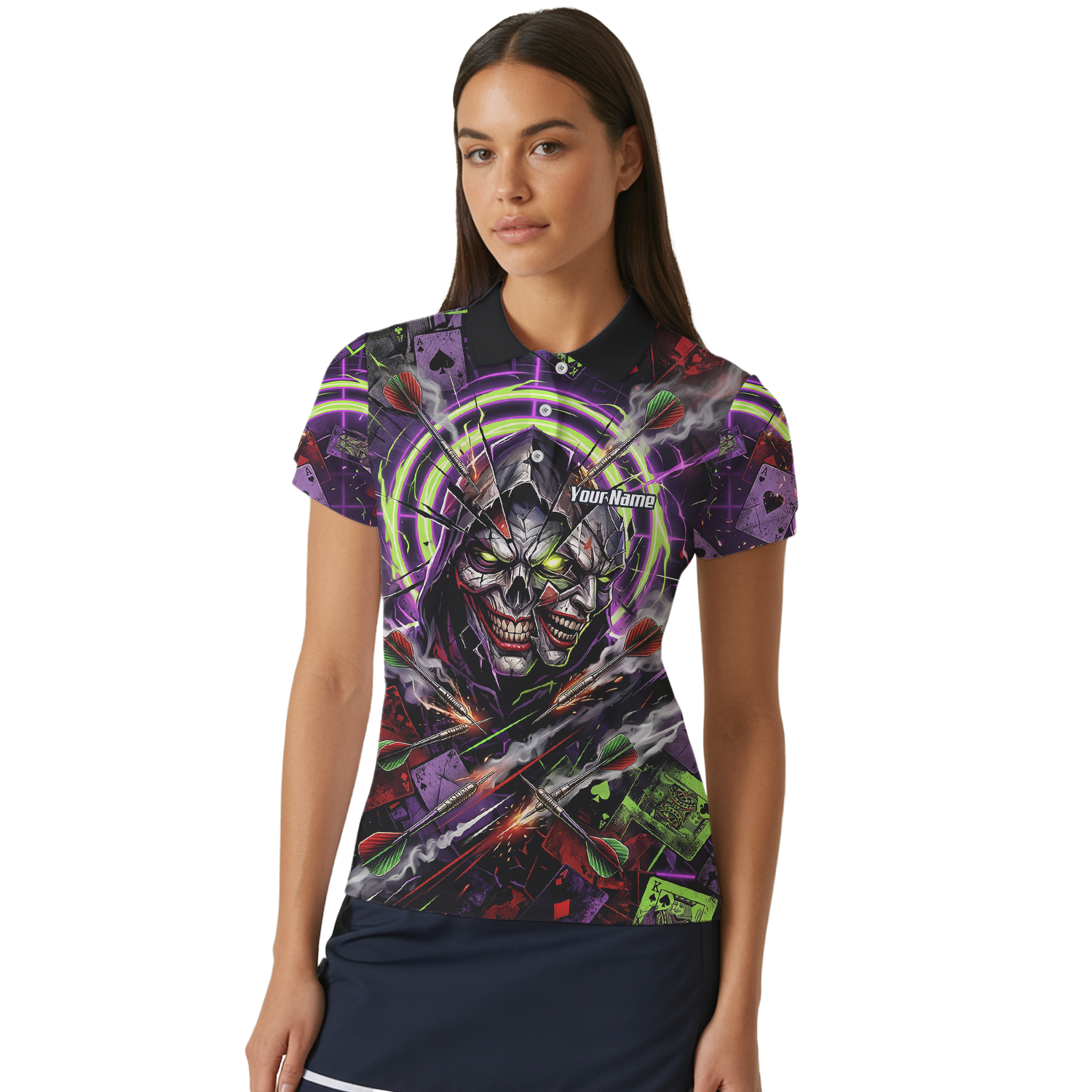 Personalised Women's Dart Jersey Custom Evil Joker Skull Dart Shirt Purple Neon Green Polo B1668