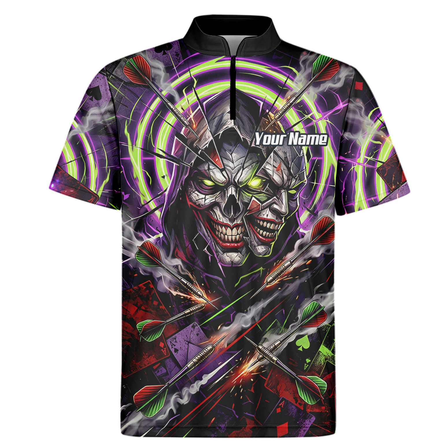 Personalised Men's Dart Jersey Custom Evil Joker Skull Dart Shirt Purple Neon Green Polo B1668