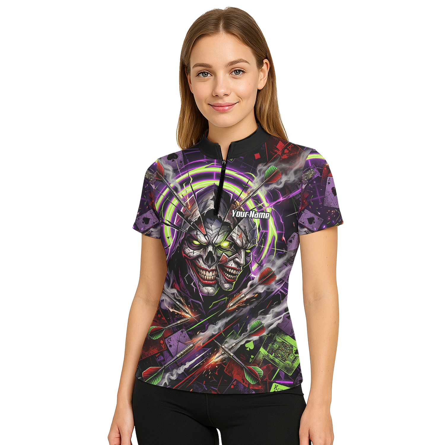 Personalised Women's Dart Jersey Custom Evil Joker Skull Dart Shirt Purple Neon Green Polo B1668