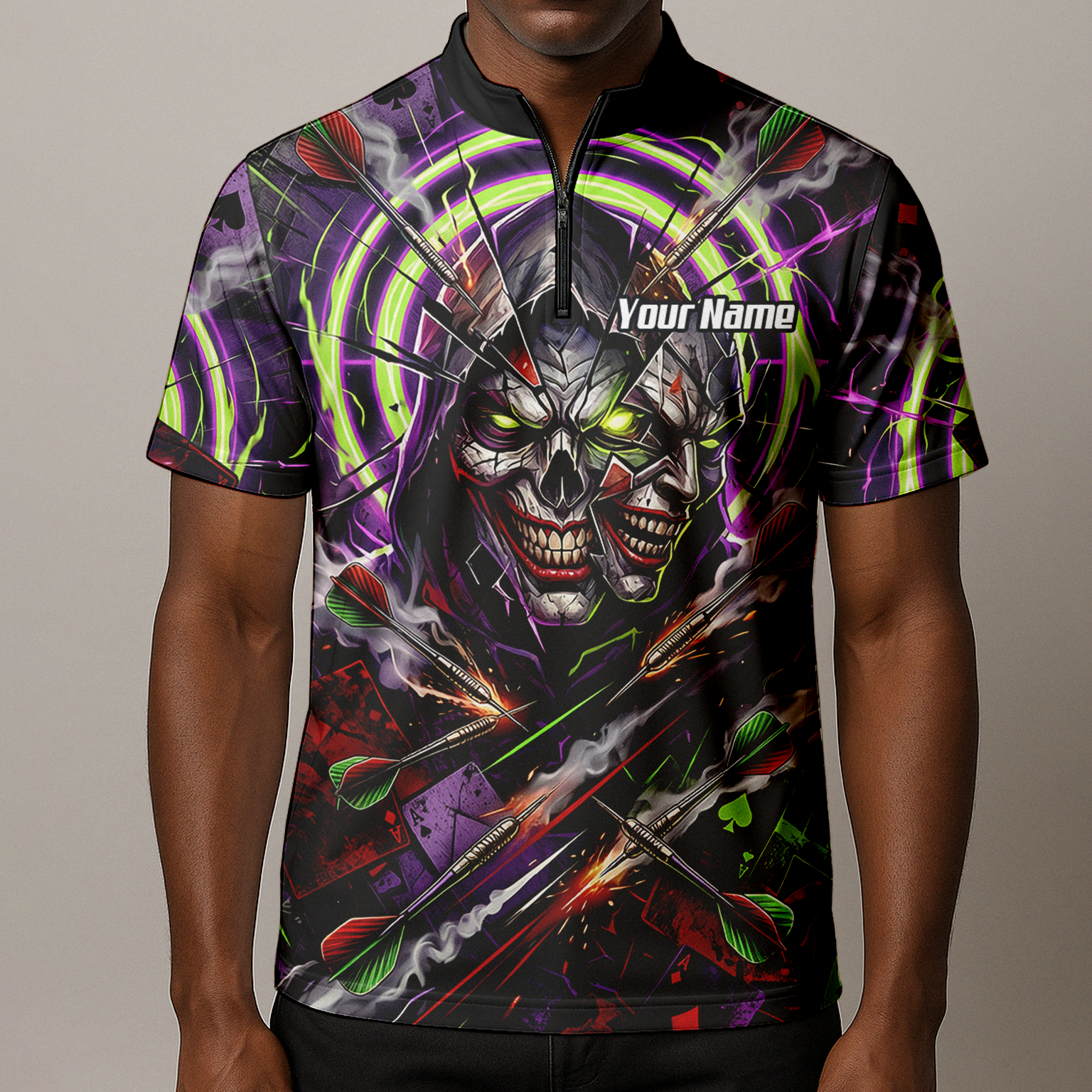 Personalised Men's Dart Jersey Custom Evil Joker Skull Dart Shirt Purple Neon Green Polo B1668