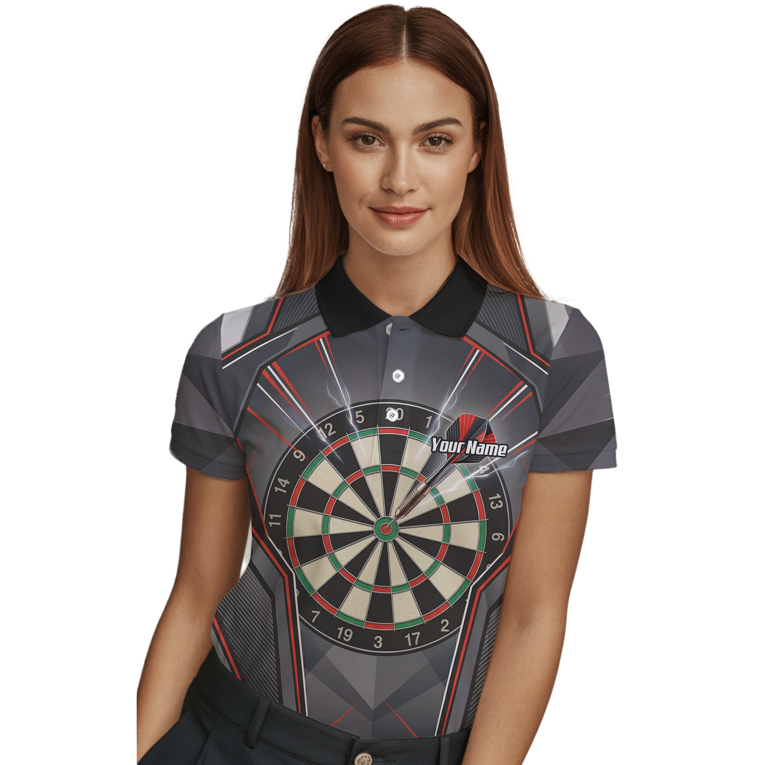 Personalised Dartboard Dart Jersey for Women Custom Name and Team Polo Shirt Grey Red Black B4204