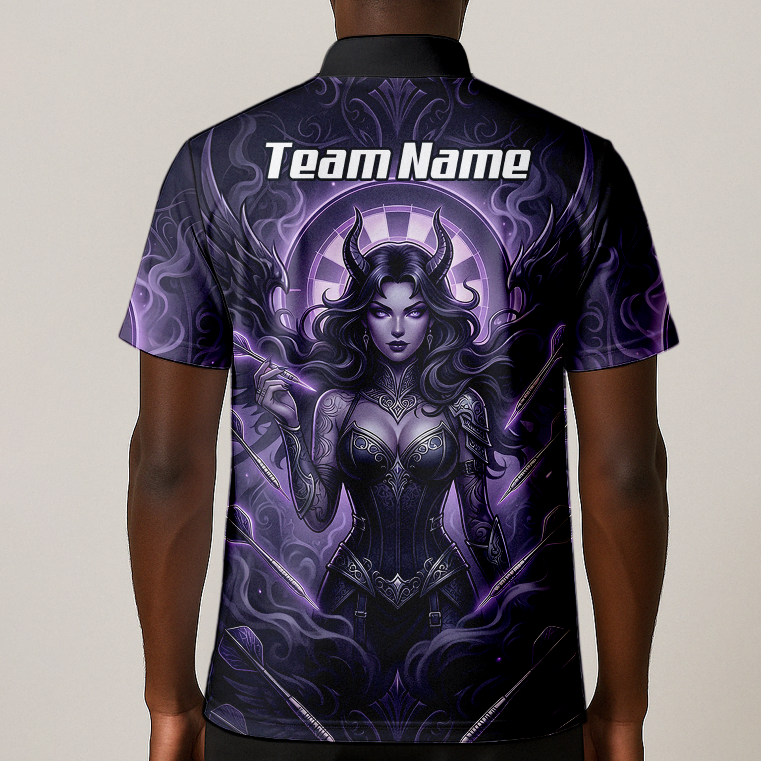 Personalised Purple Demon Queen Dart Jersey for Men, Custom Gothic Fantasy Darts Shirt Polo Neck B5075