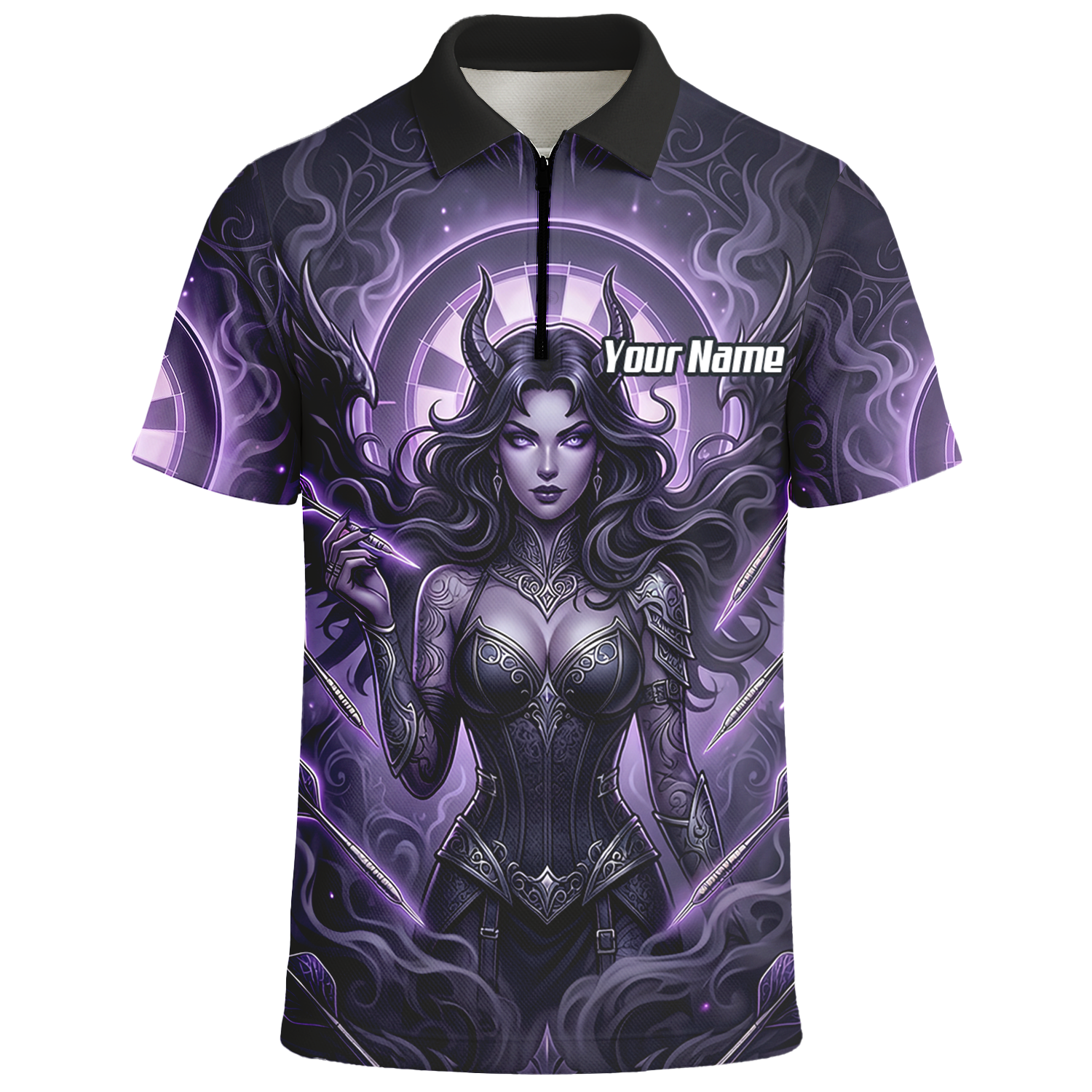 Personalised Purple Demon Queen Dart Jersey for Men, Custom Gothic Fantasy Darts Shirt Polo Neck B5075