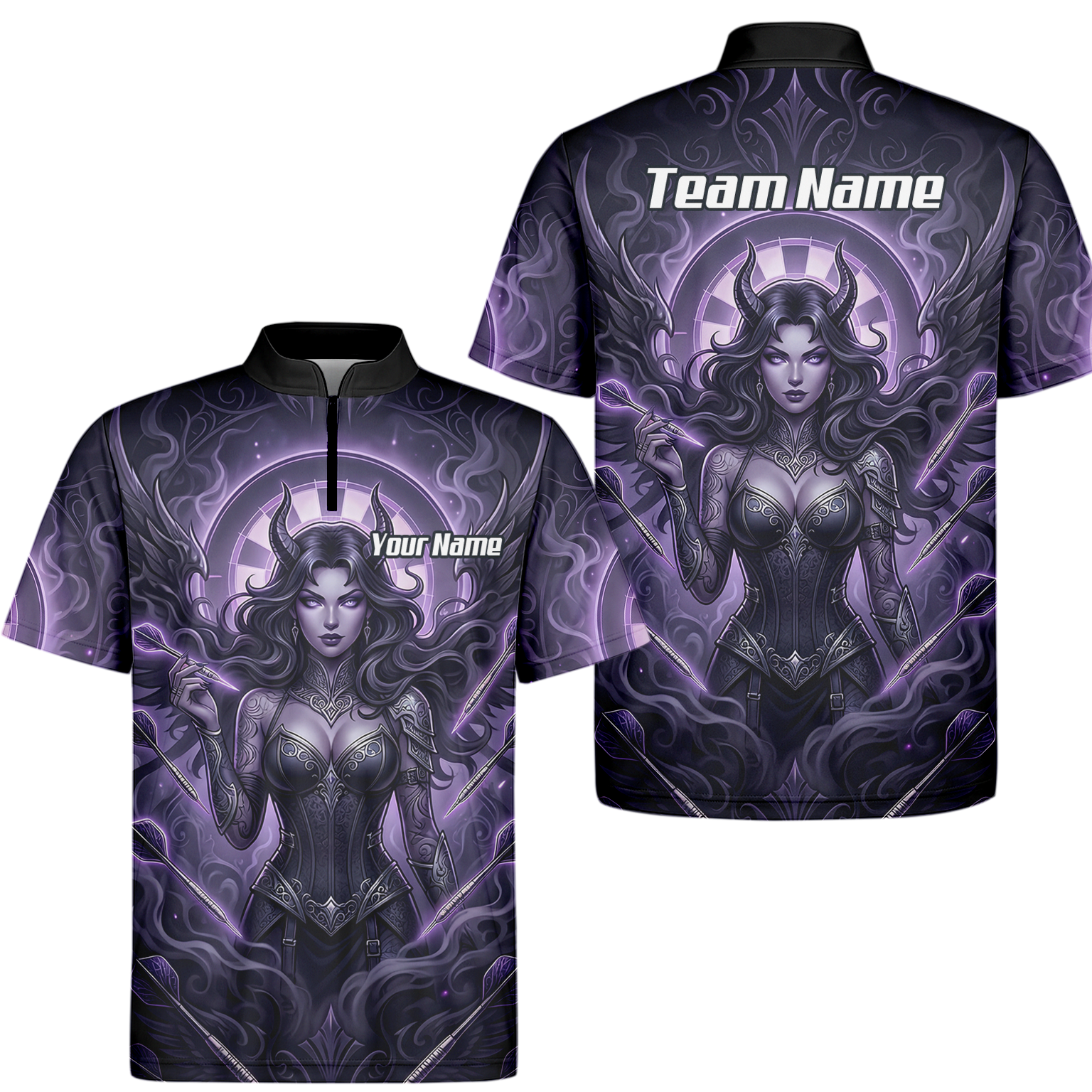 Personalised Purple Demon Queen Dart Jersey for Men, Custom Gothic Fantasy Darts Shirt Polo Neck B5075