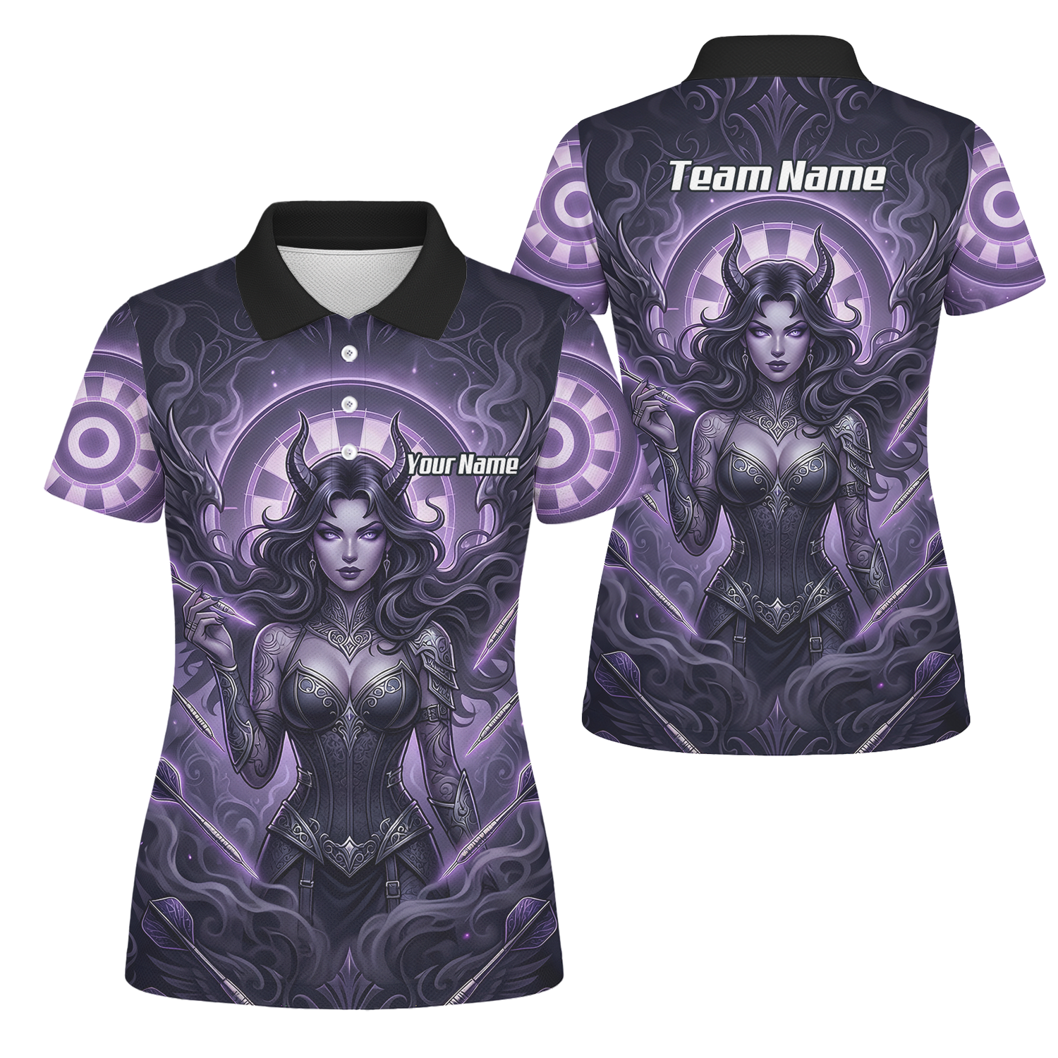 Personalised Purple Demon Queen Dart Jersey for Women, Custom Gothic Fantasy Darts Shirt Polo Neck B5075