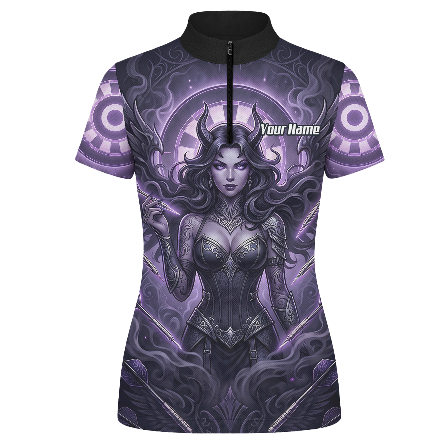 Personalised Purple Demon Queen Dart Jersey for Women, Custom Gothic Fantasy Darts Shirt Polo Neck B5075