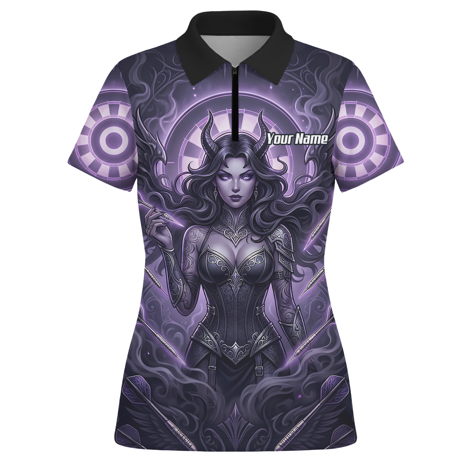 Personalised Purple Demon Queen Dart Jersey for Women, Custom Gothic Fantasy Darts Shirt Polo Neck B5075
