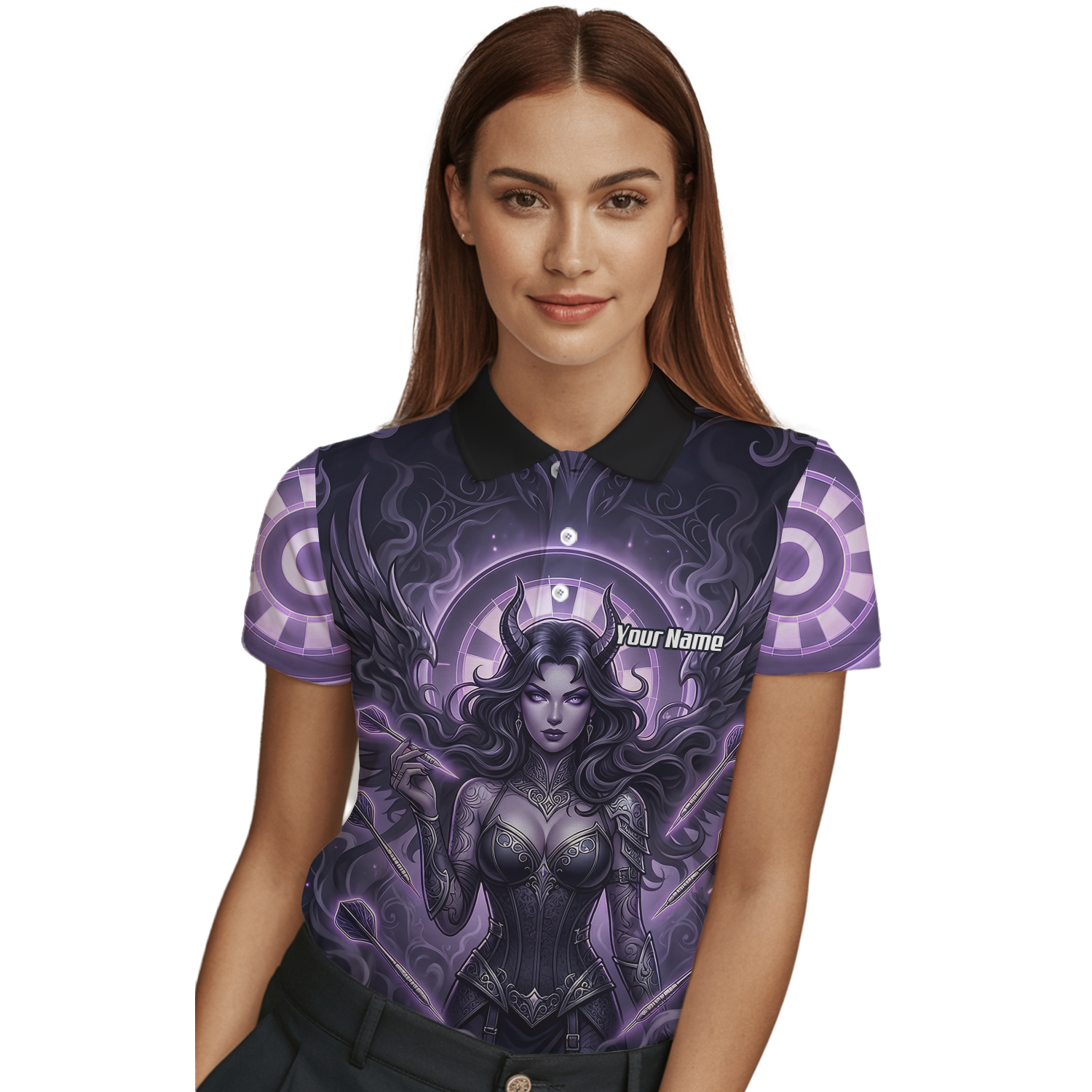 Personalised Purple Demon Queen Dart Jersey for Women, Custom Gothic Fantasy Darts Shirt Polo Neck B5075