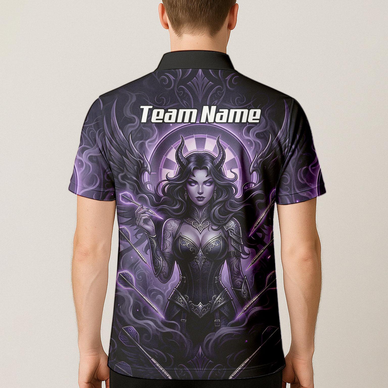 Personalised Purple Demon Queen Dart Jersey for Men, Custom Gothic Fantasy Darts Shirt Polo Neck B5075