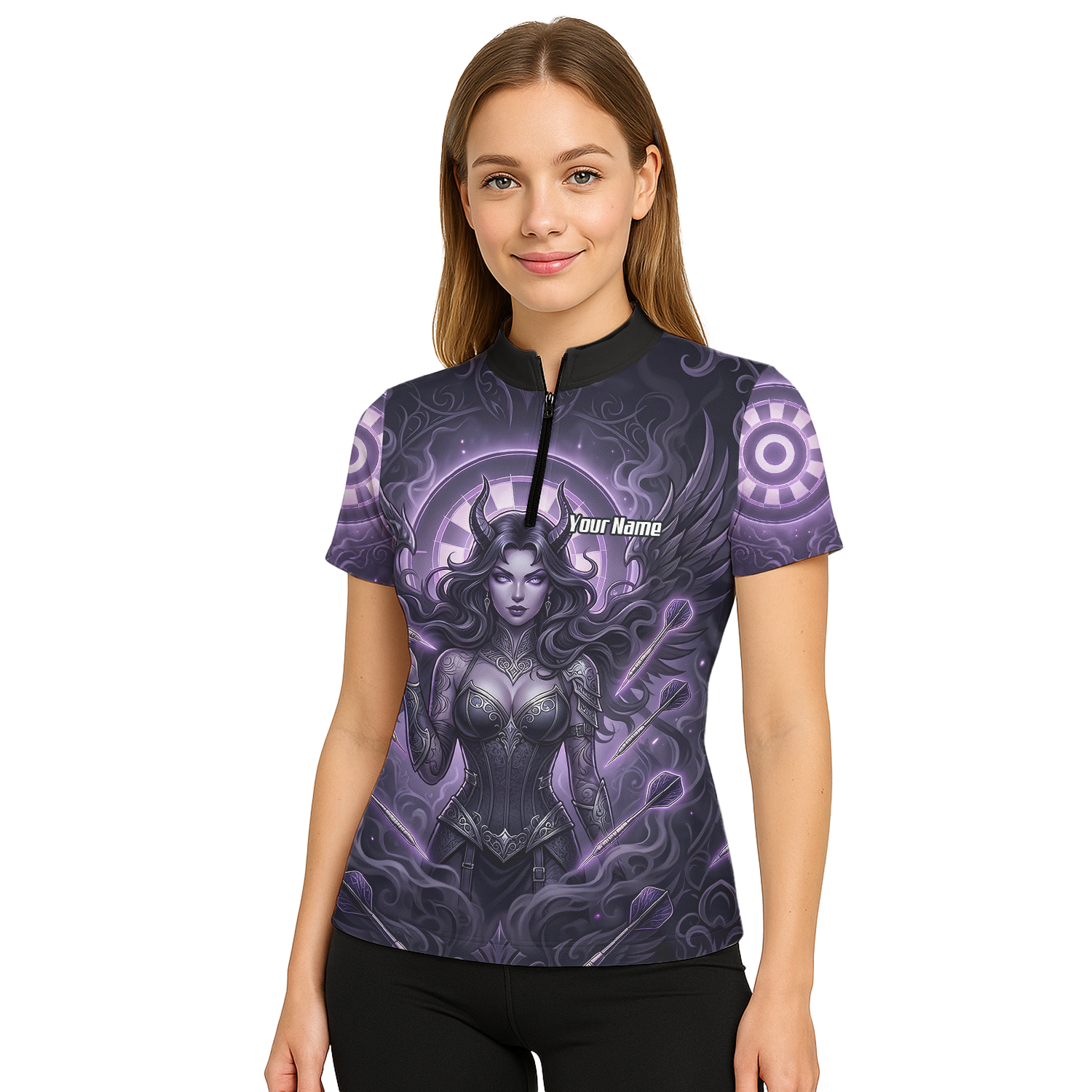 Personalised Purple Demon Queen Dart Jersey for Women, Custom Gothic Fantasy Darts Shirt Polo Neck B5075