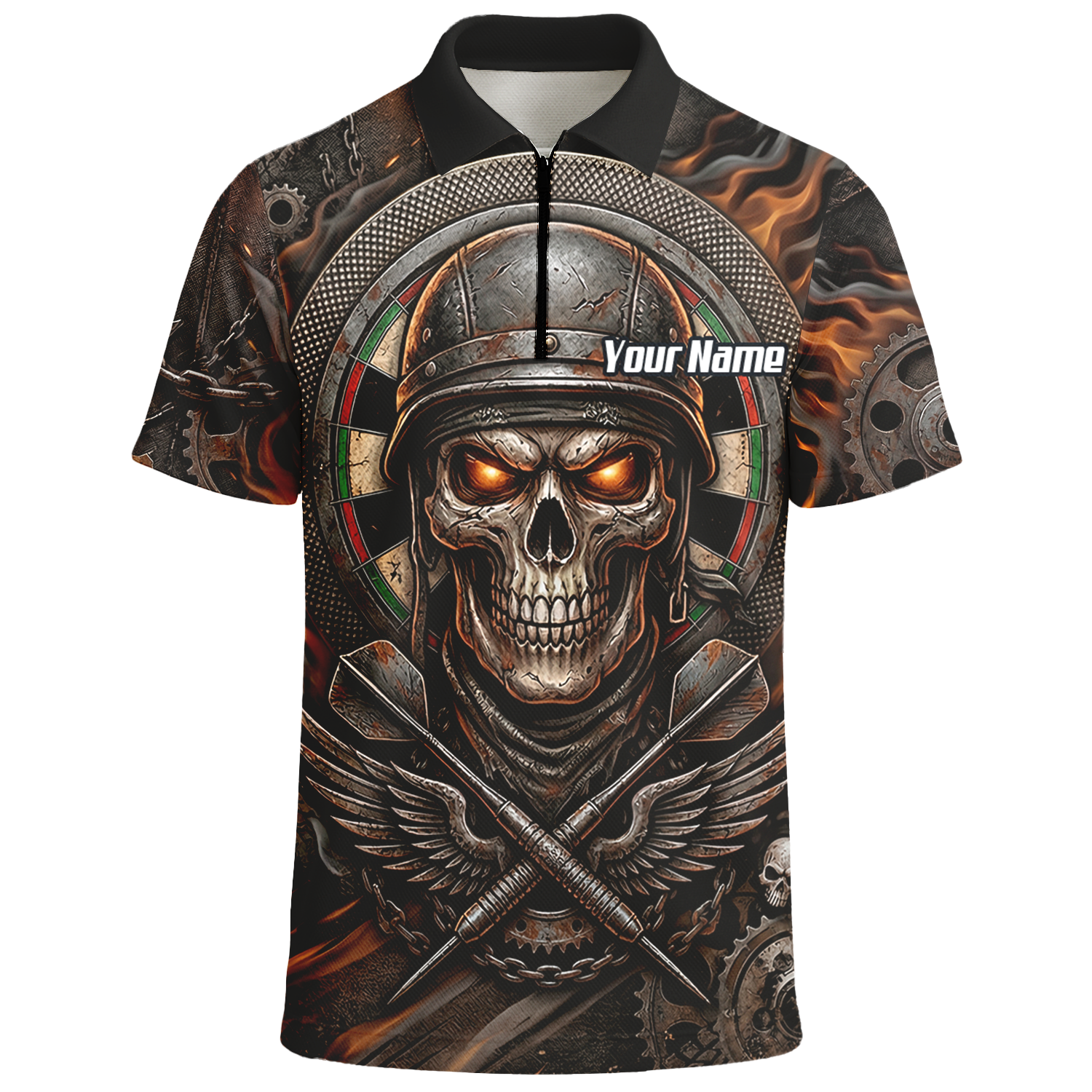 Personalised Skull Helmet Dart Jersey for Men Custom Name Darts Polo Shirt Fire Flame Sublimation Design B5126