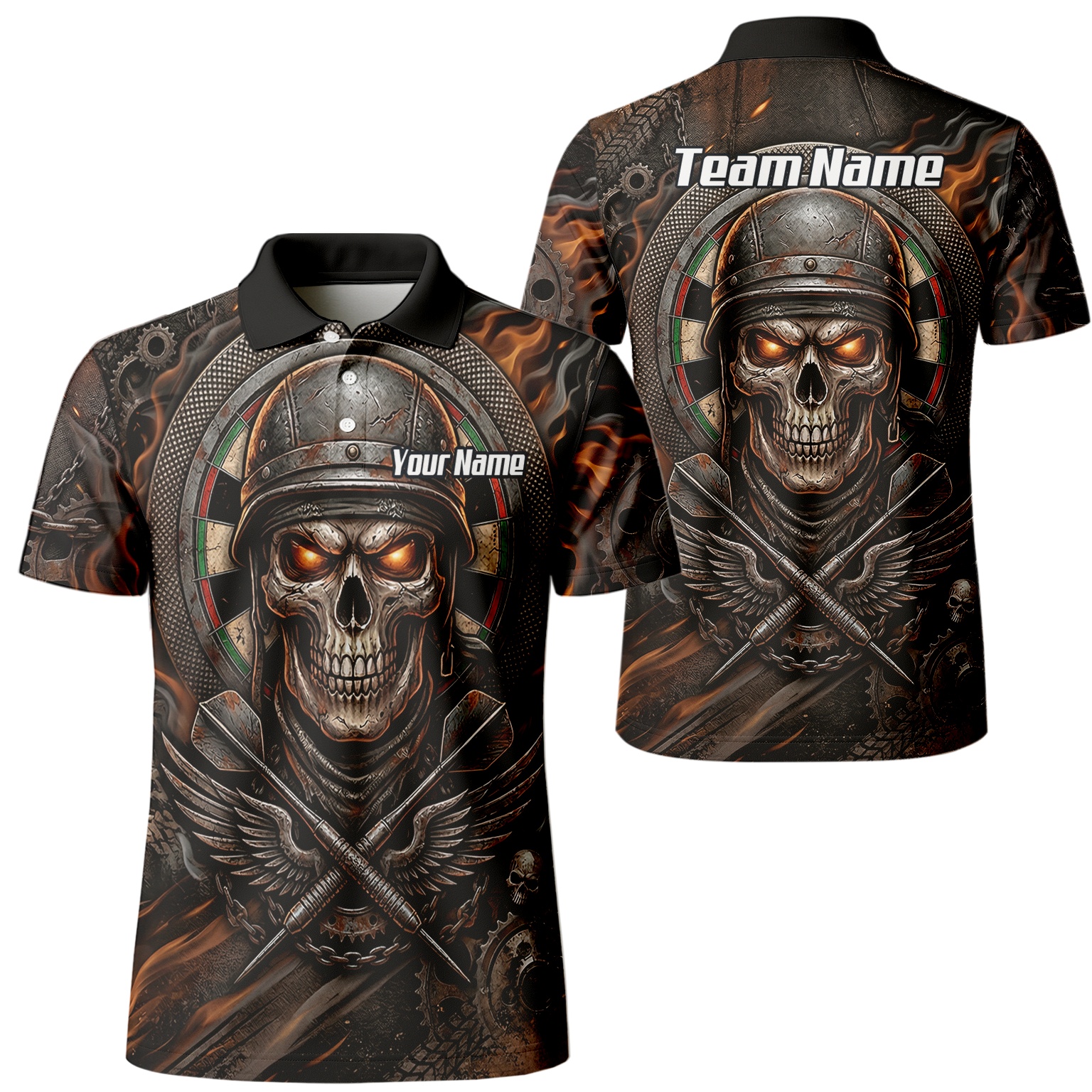 Personalised Skull Helmet Dart Jersey for Men Custom Name Darts Polo Shirt Fire Flame Sublimation Design B5126