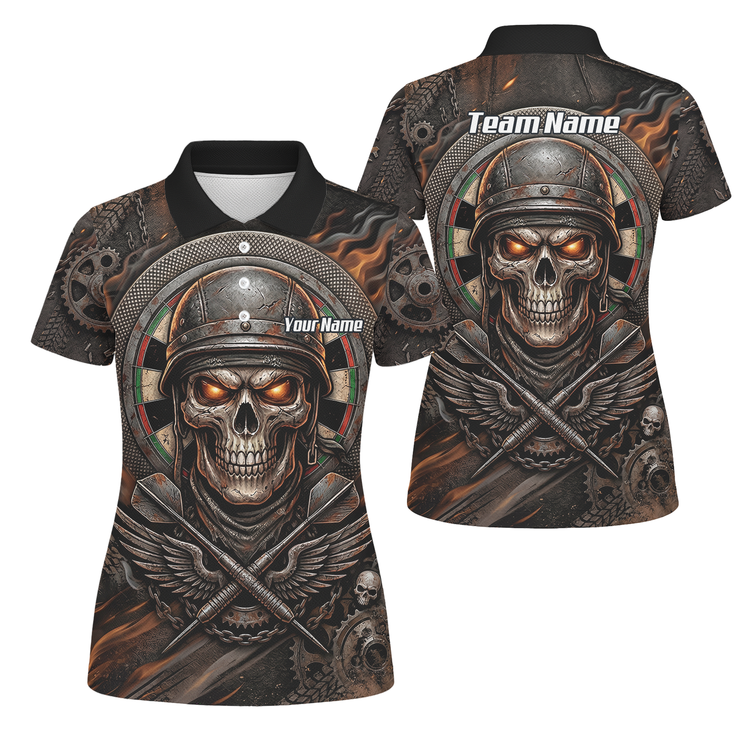 Personalised Skull Helmet Dart Jersey for Women Custom Name Darts Polo Shirt Fire Flame Sublimation Design B5126