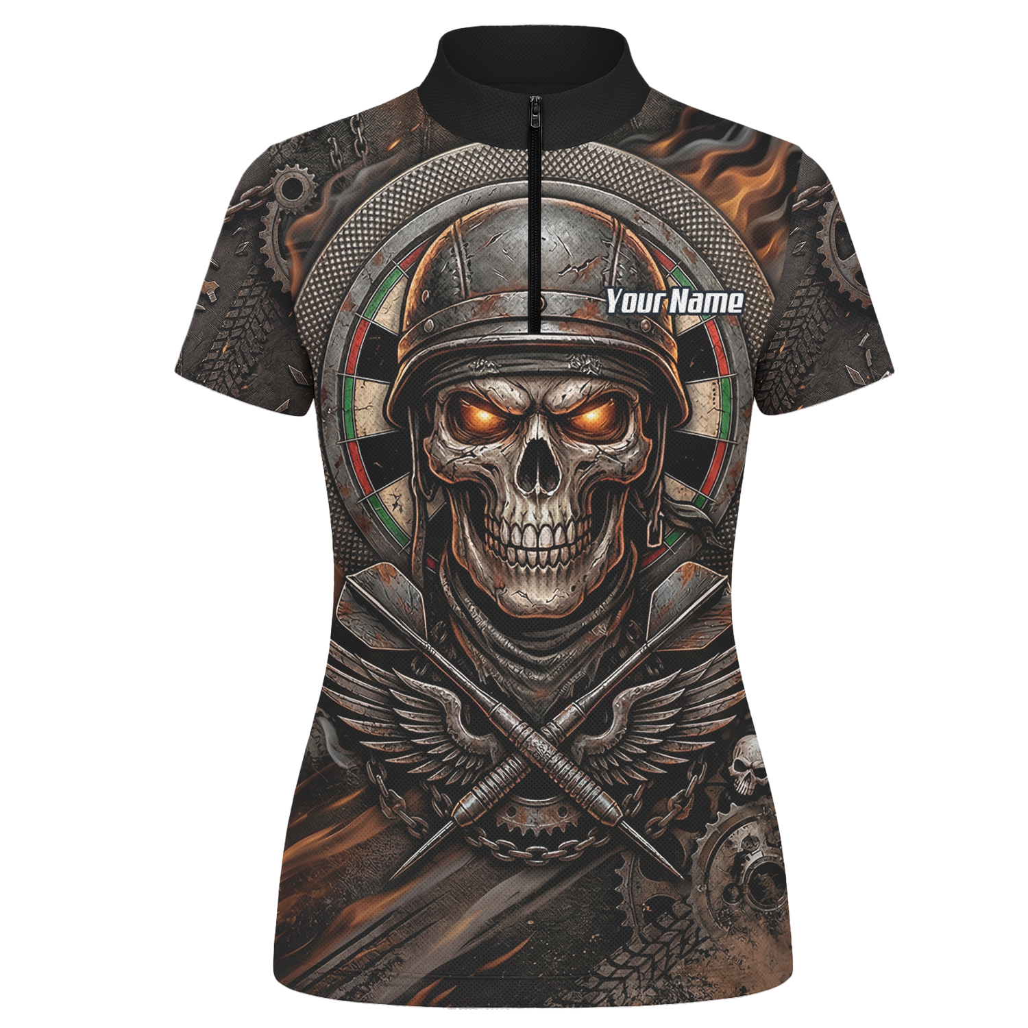 Personalised Skull Helmet Dart Jersey for Women Custom Name Darts Polo Shirt Fire Flame Sublimation Design B5126