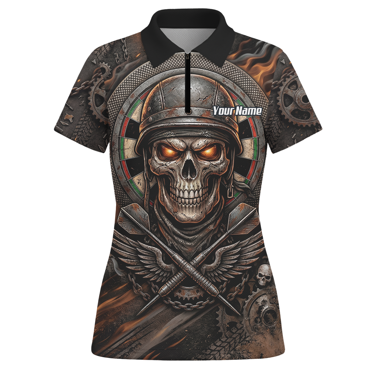 Personalised Skull Helmet Dart Jersey for Women Custom Name Darts Polo Shirt Fire Flame Sublimation Design B5126