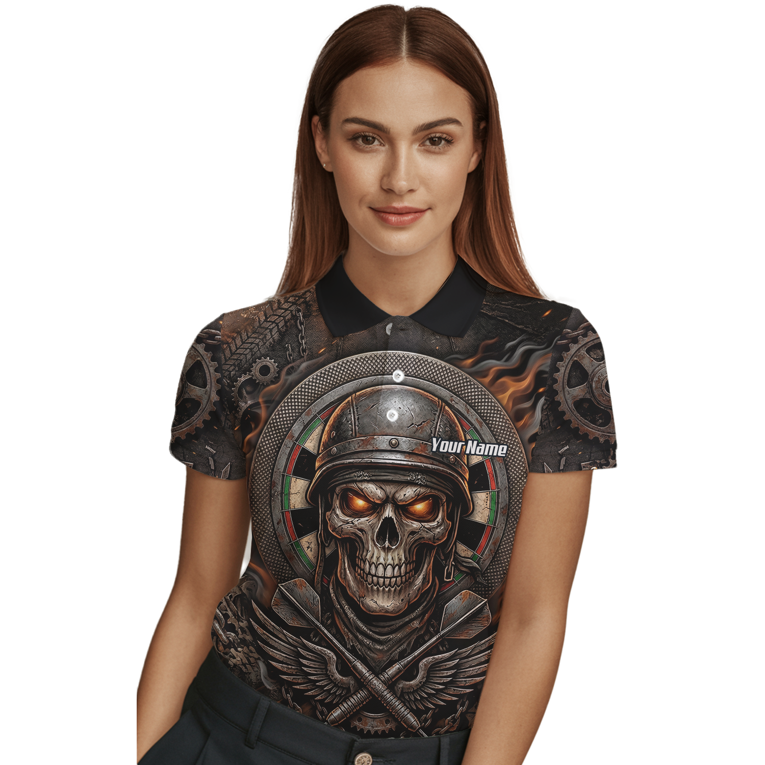 Personalised Skull Helmet Dart Jersey for Women Custom Name Darts Polo Shirt Fire Flame Sublimation Design B5126
