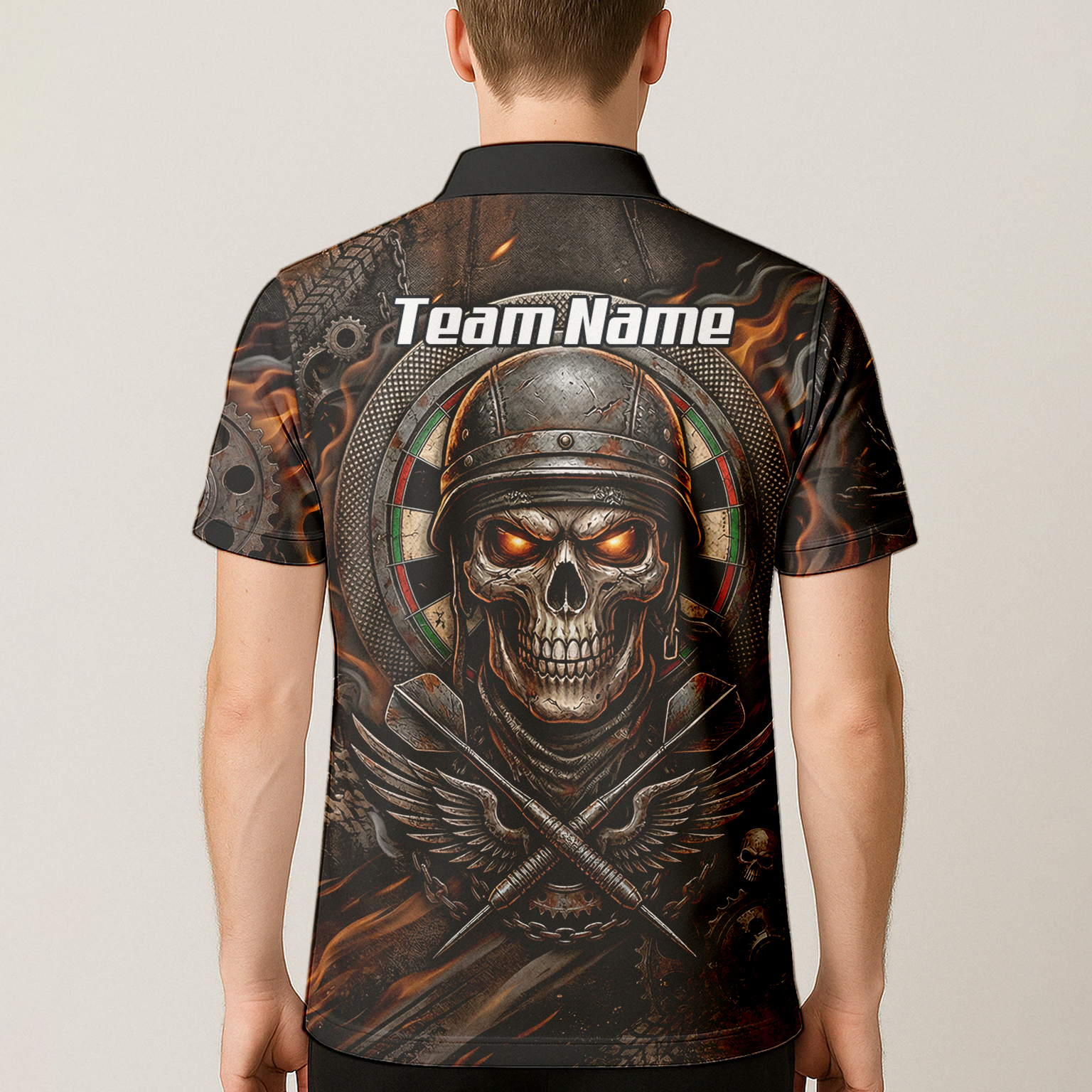 Personalised Skull Helmet Dart Jersey for Men Custom Name Darts Polo Shirt Fire Flame Sublimation Design B5126