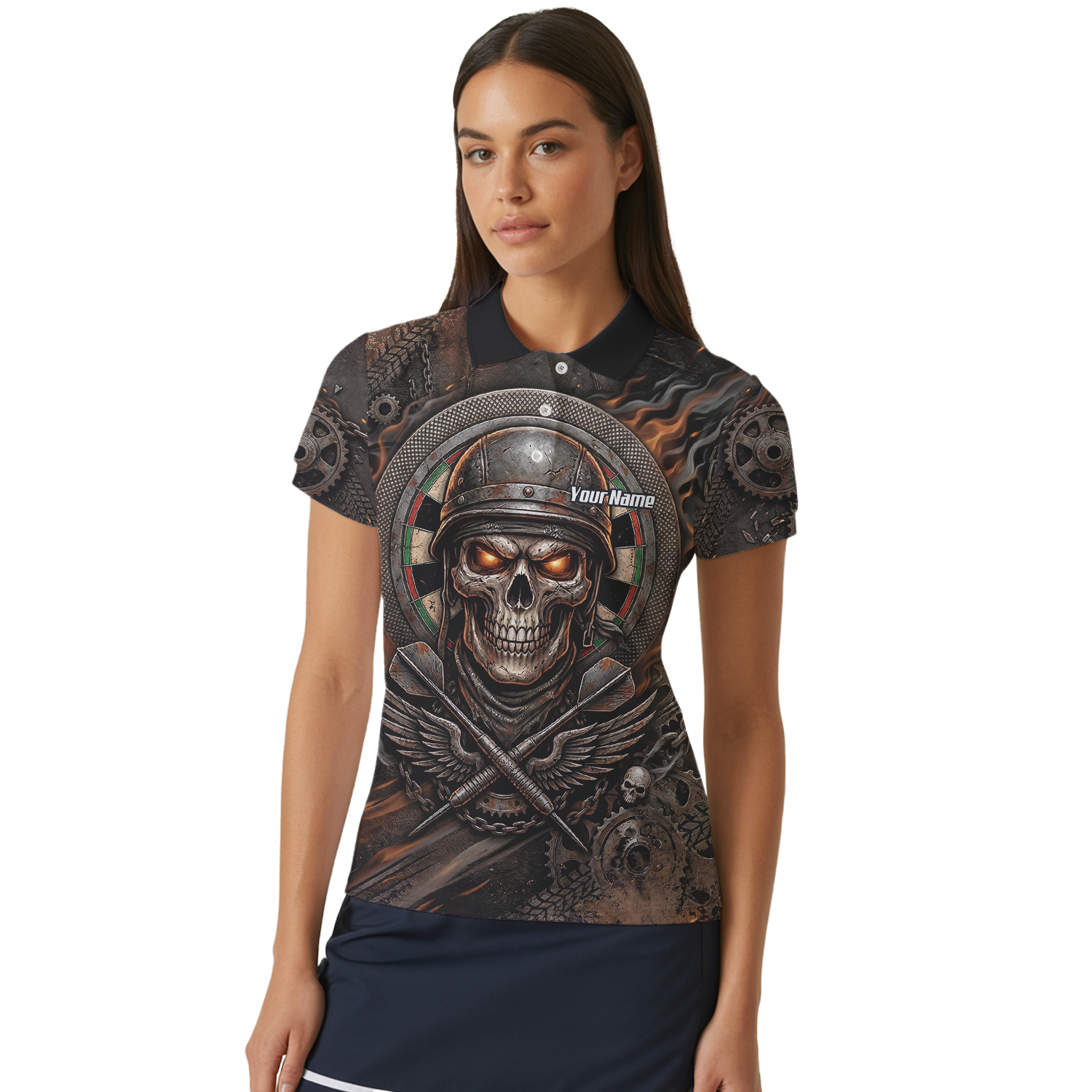 Personalised Skull Helmet Dart Jersey for Women Custom Name Darts Polo Shirt Fire Flame Sublimation Design B5126