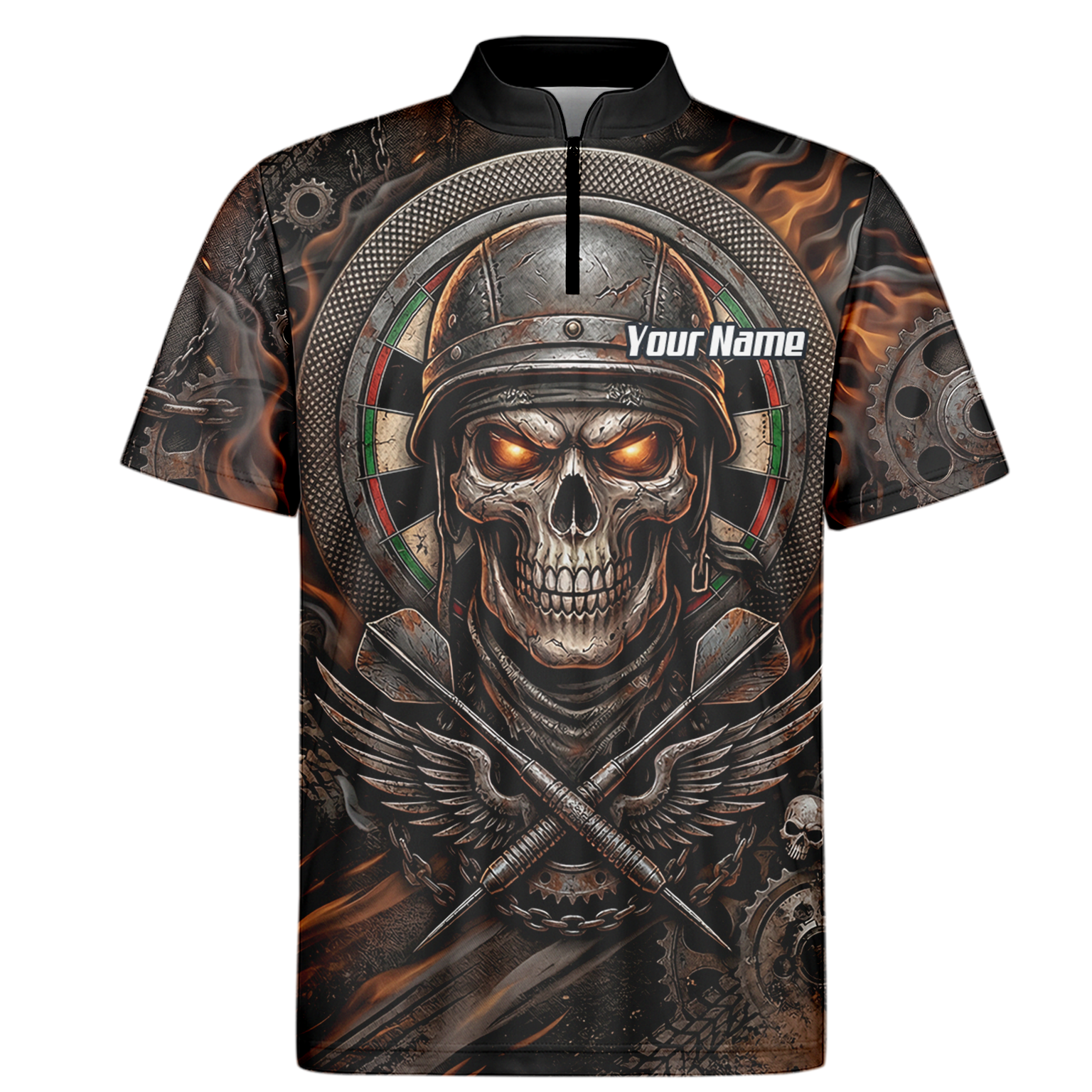 Personalised Skull Helmet Dart Jersey for Men Custom Name Darts Polo Shirt Fire Flame Sublimation Design B5126